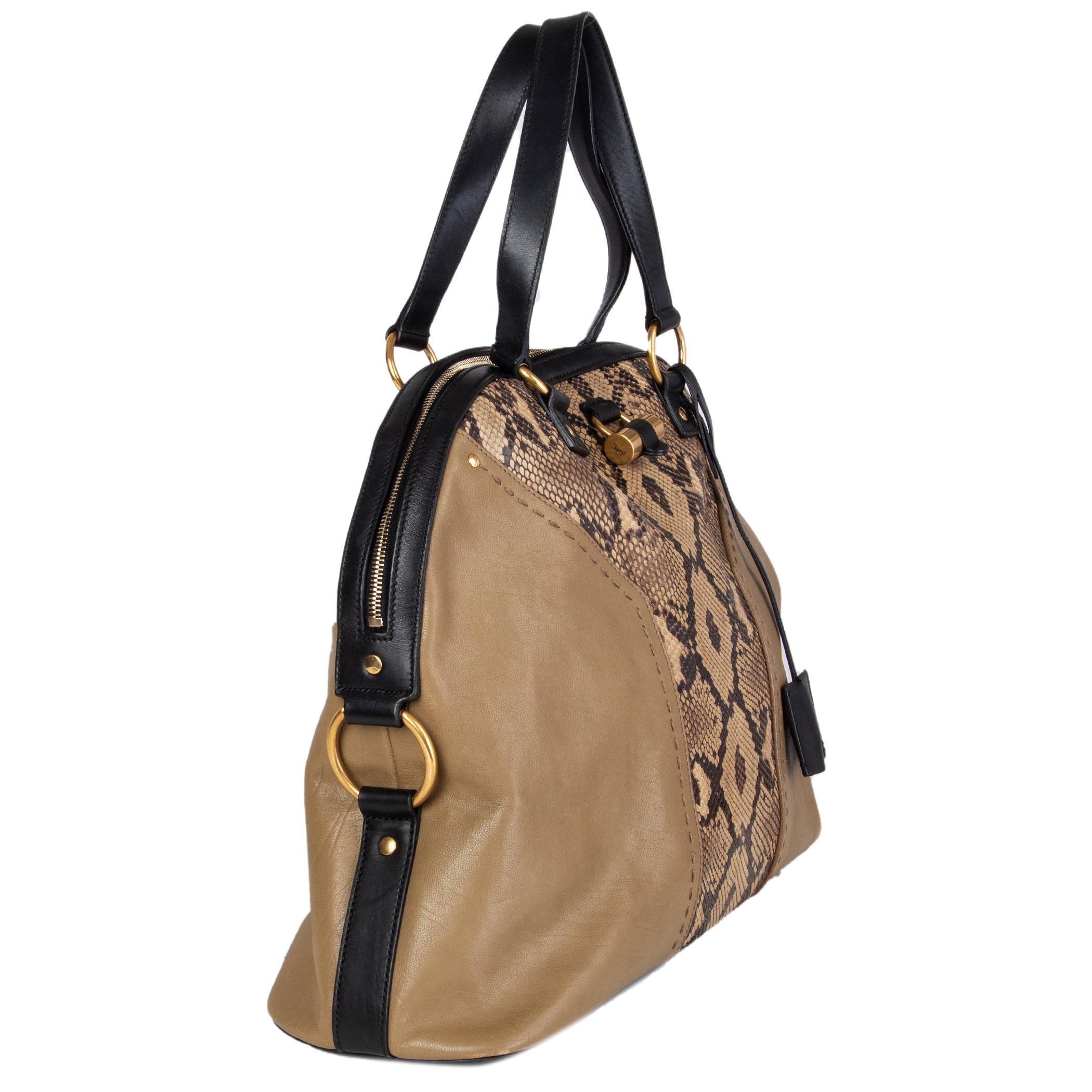 Yves Saint Laurent 'Muse Large' bag in taupe and dark brown snakeskin and khaki calfskin with black leather trimmings. Opens with a zipper on top and is lined in black canvas with one zip pocket against the back and two open pockets against the