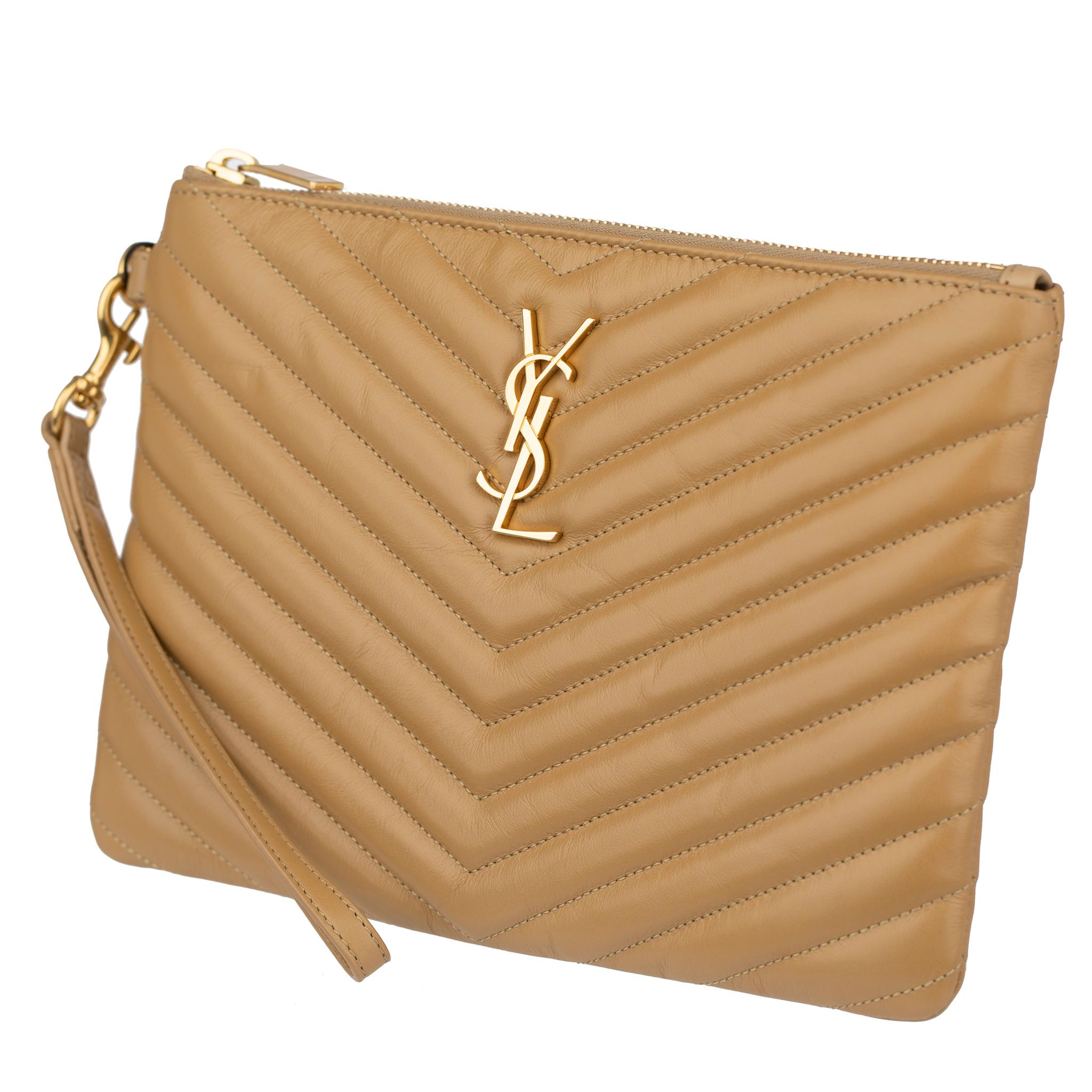 Yves Saint Laurent Beige Leather Quilted Pouch In New Condition In DOUBLE BAY, NSW