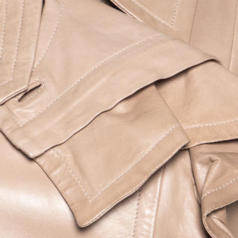 Yves Saint Laurent Beige Leather Ruffle Detail Jacket L In Good Condition In Dubai, Al Qouz 2