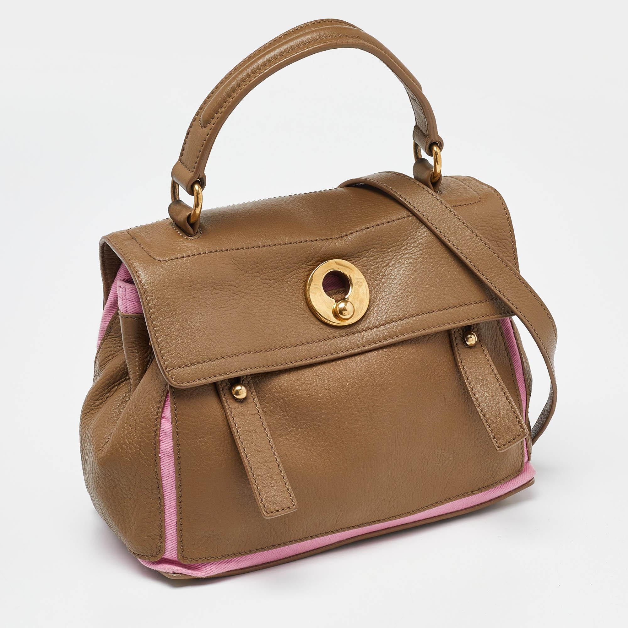 Brown Yves Saint Laurent Beige/Pink Leather and Canvas Small Muse Two Bag