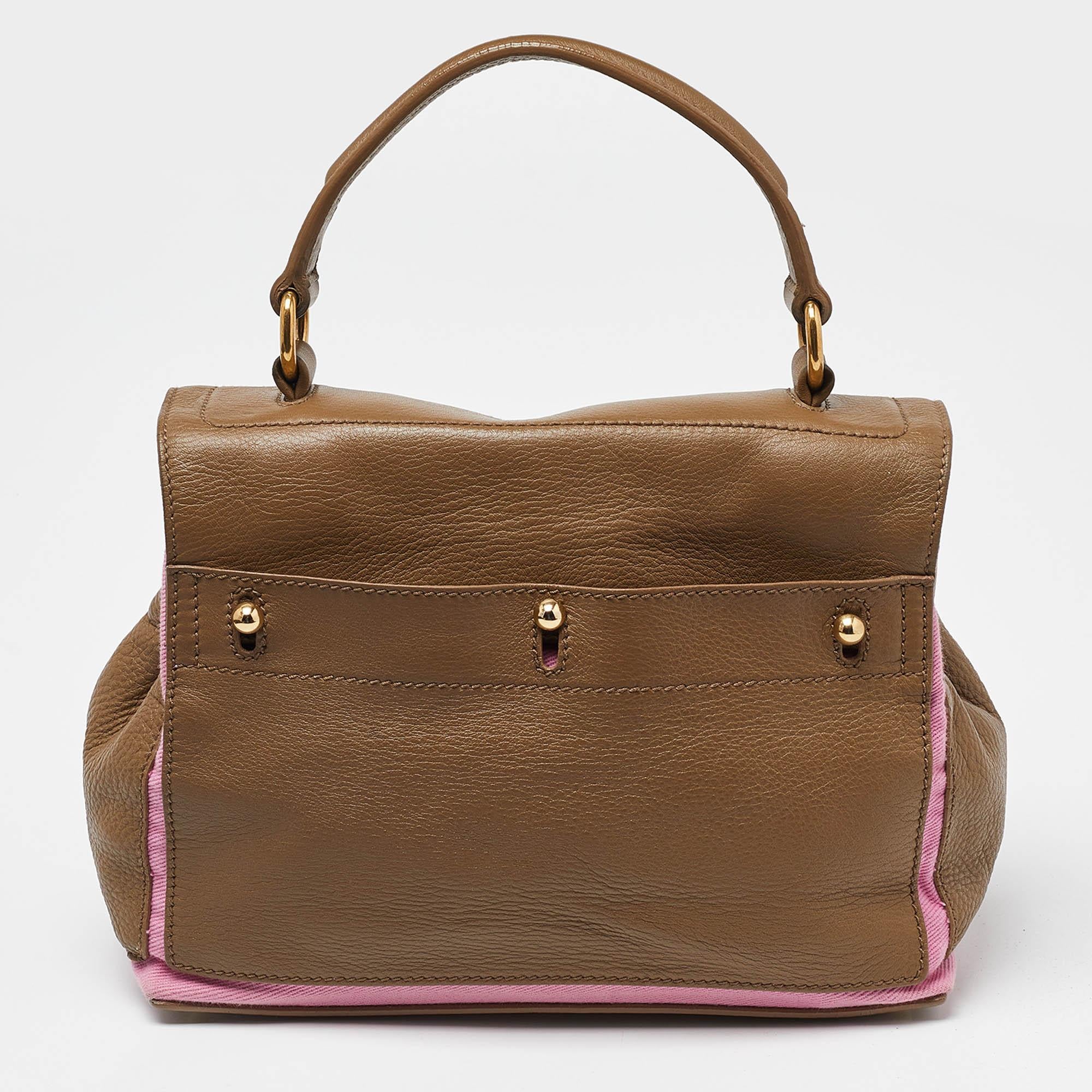 Yves Saint Laurent Beige/Pink Leather and Canvas Small Muse Two Bag In Good Condition In Dubai, Al Qouz 2