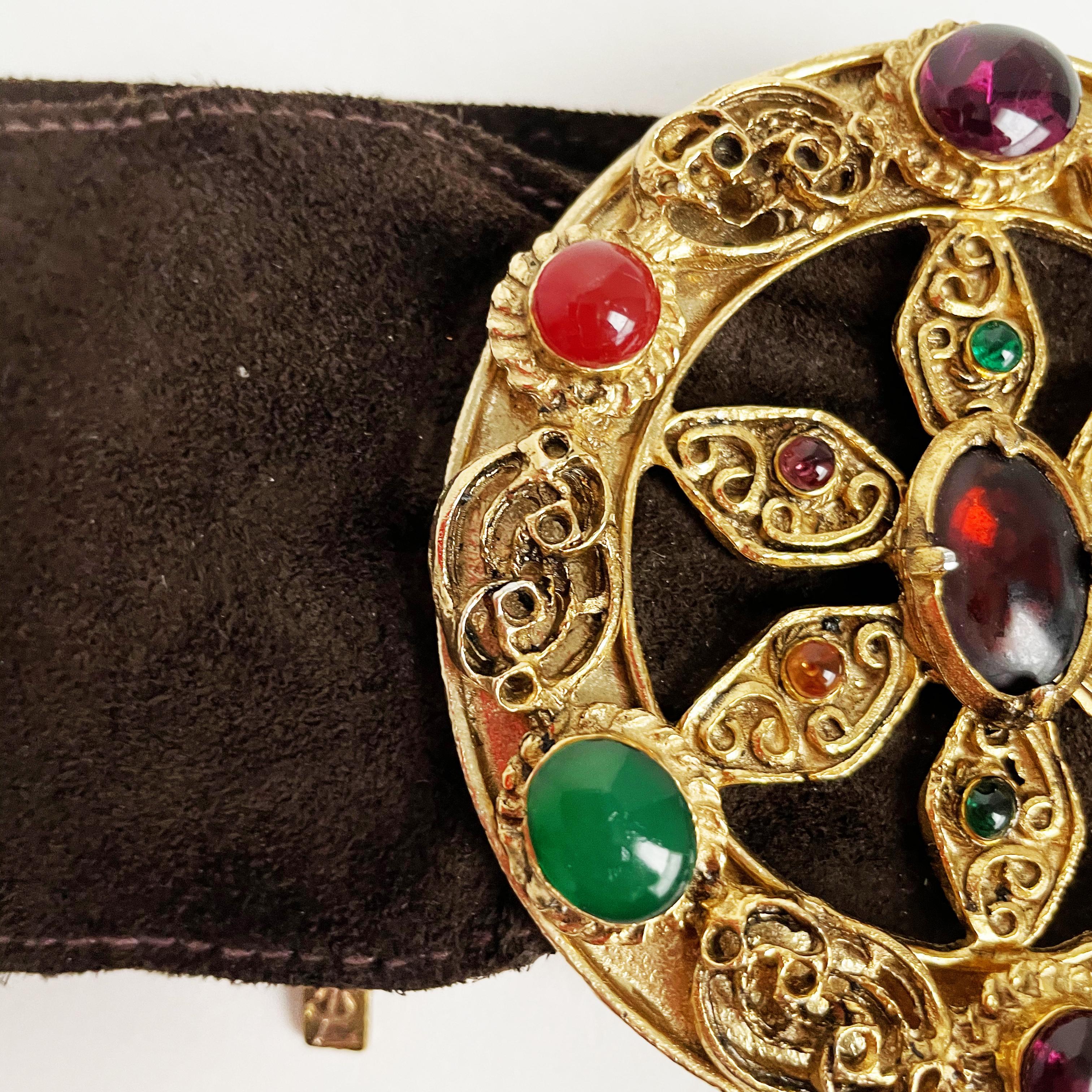 Yves Saint Laurent Belt Colorful Glass Cabochons Buckle Suede Leather 70s S/M 10