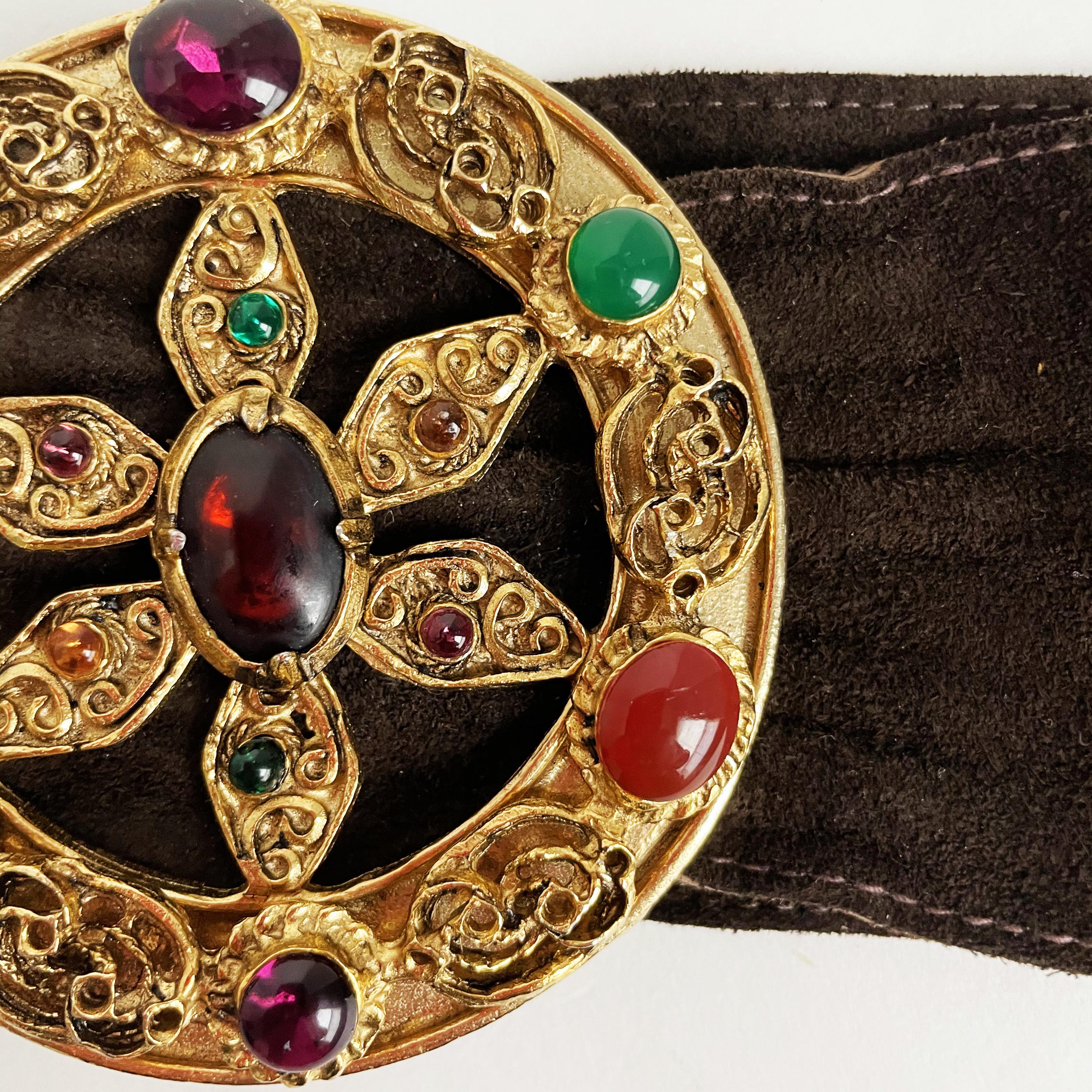 Yves Saint Laurent Belt Colorful Glass Cabochons Buckle Suede Leather 70s S/M 12