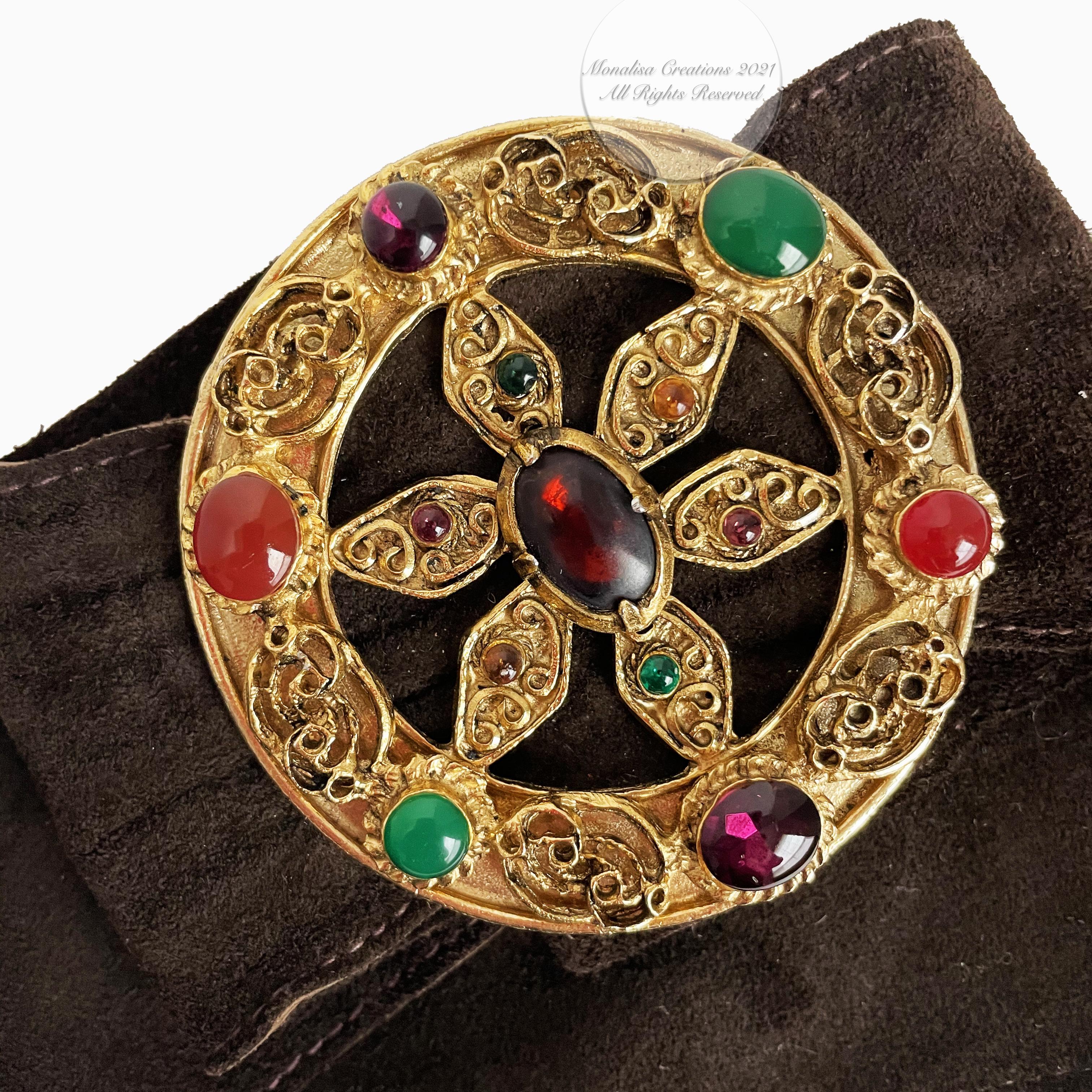 Yves Saint Laurent Belt Colorful Glass Cabochons Buckle Suede Leather 70s S/M 1