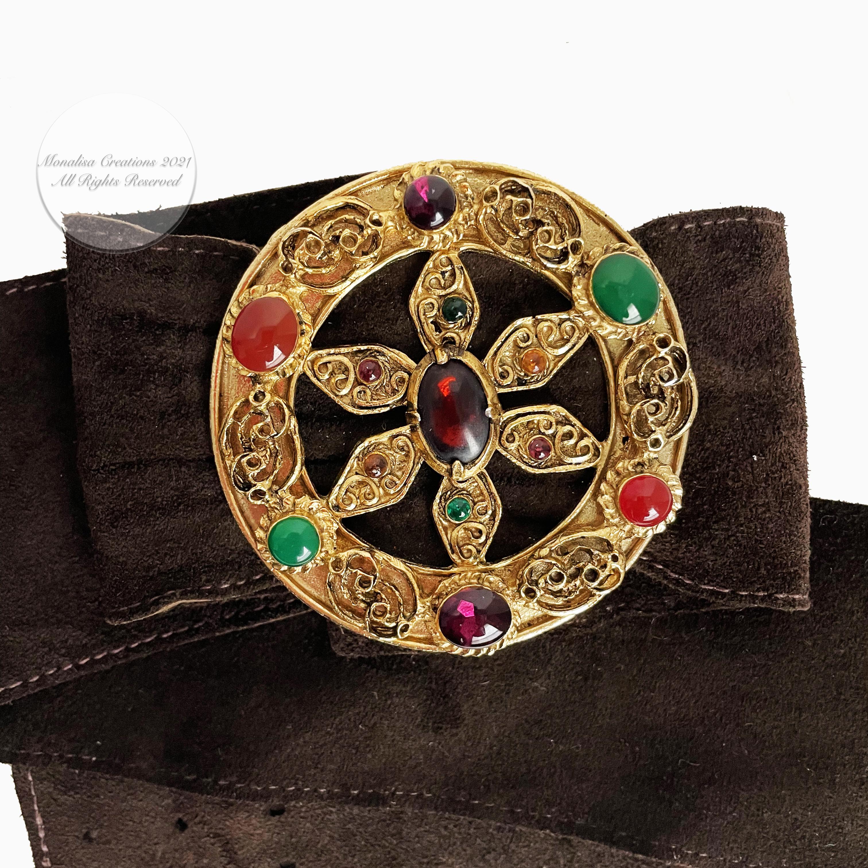 Yves Saint Laurent Belt Colorful Glass Cabochons Buckle Suede Leather 70s S/M 2