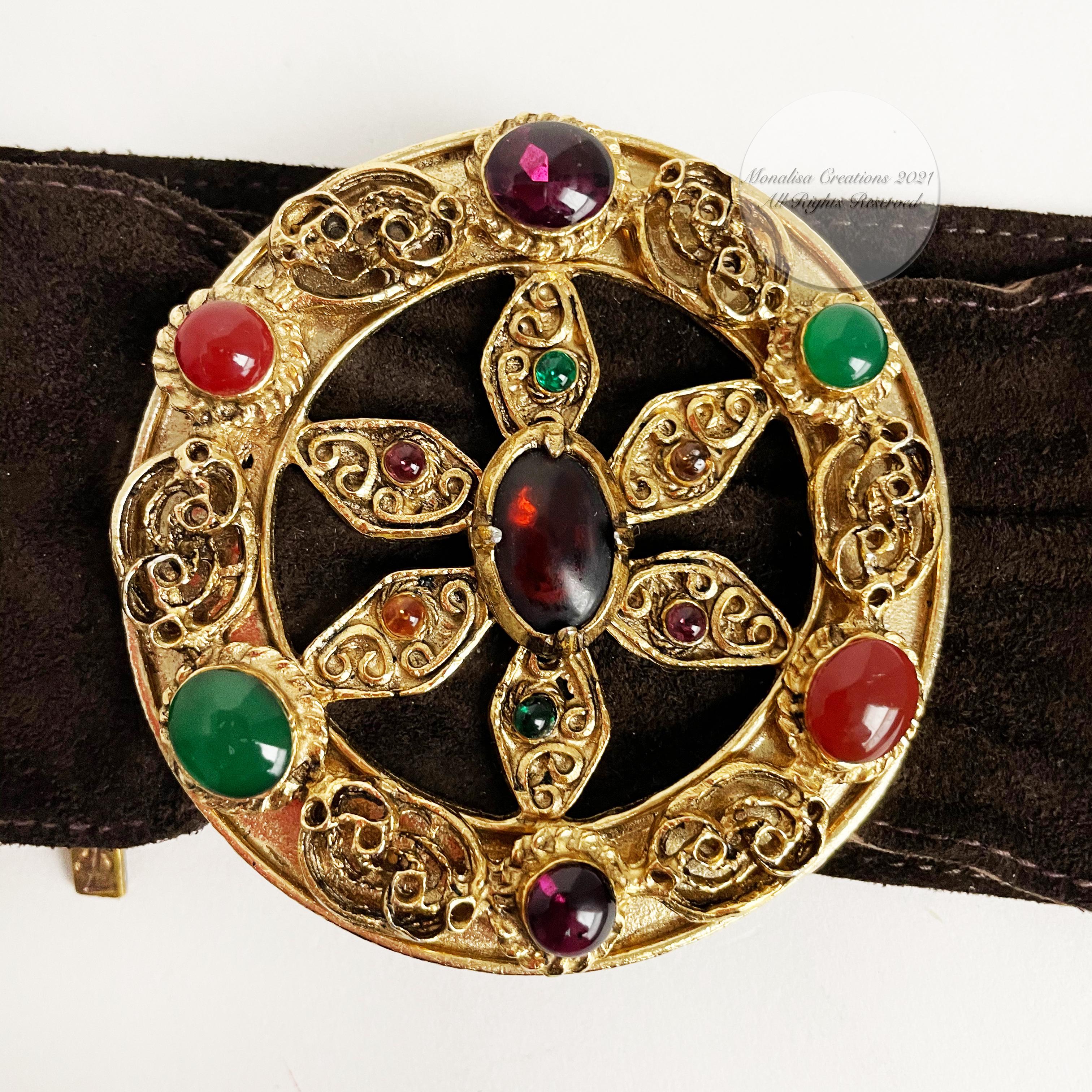 Yves Saint Laurent Belt Colorful Glass Cabochons Buckle Suede Leather 70s S/M 3