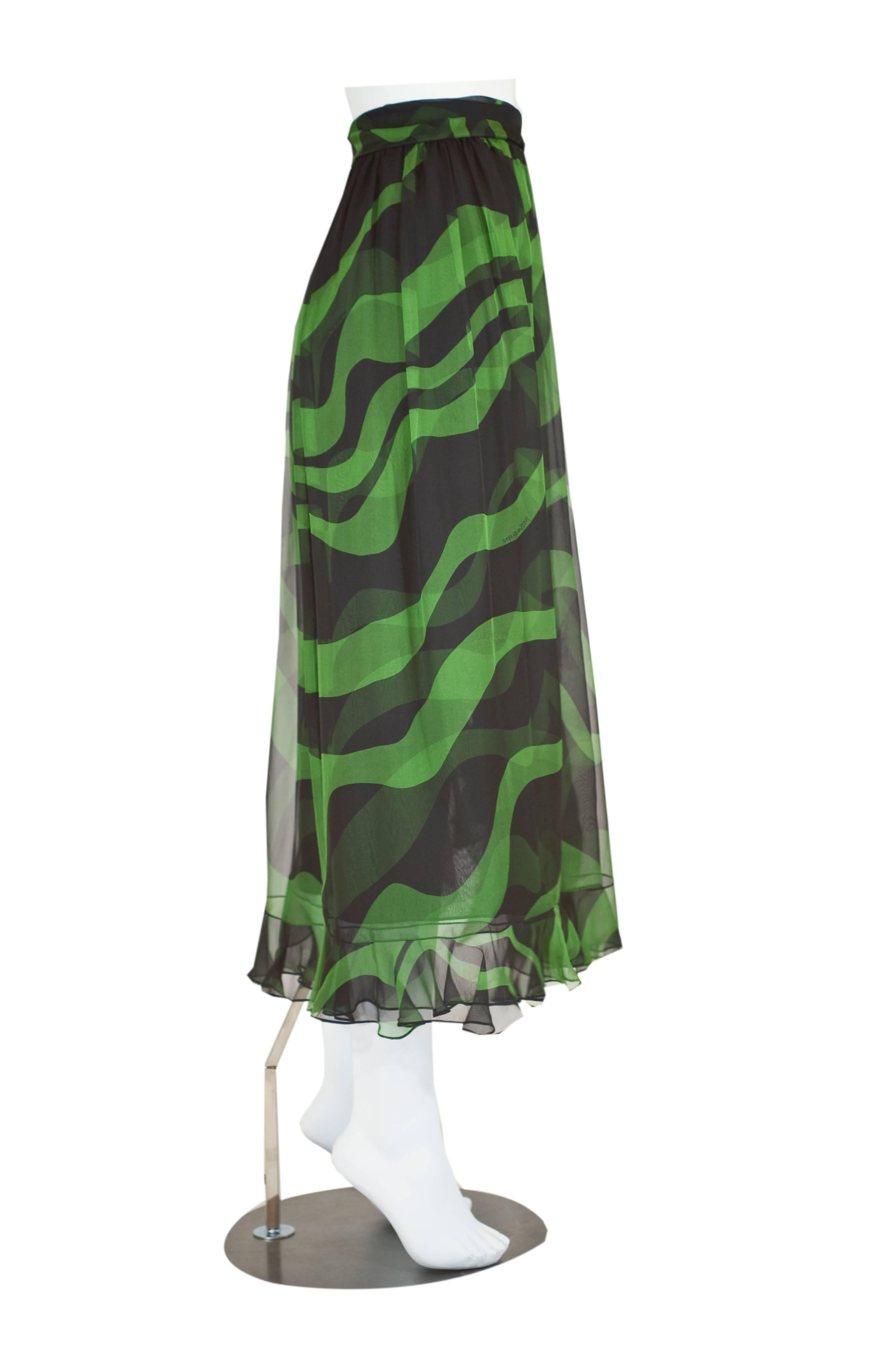 Women's Yves Saint Laurent Black and Green Silk Chiffon Ruffle Trim Sash Skirt, 2004 For Sale
