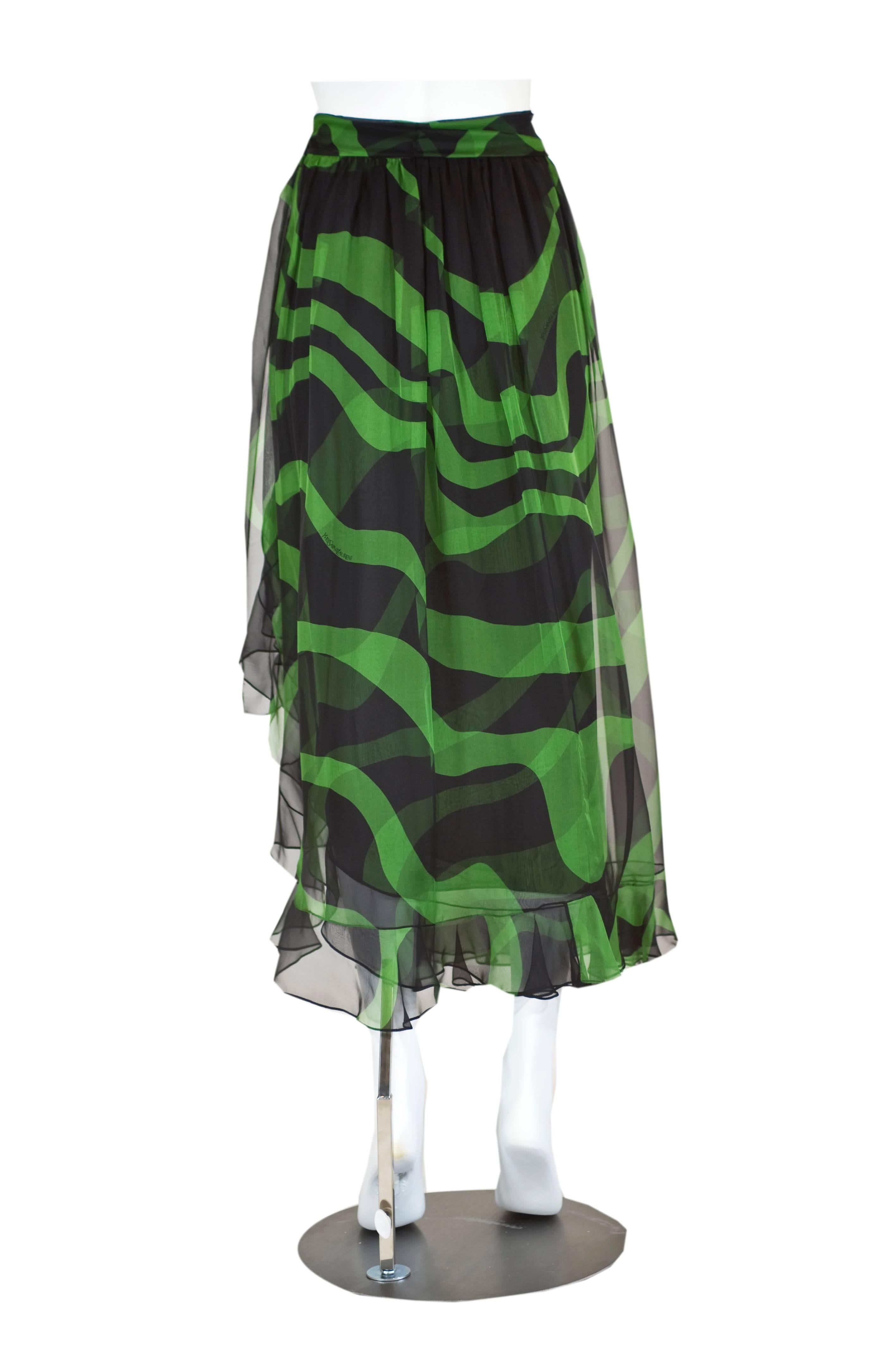 Yves Saint Laurent Black and Green Silk Chiffon Ruffle Trim Sash Skirt, 2004 For Sale 1