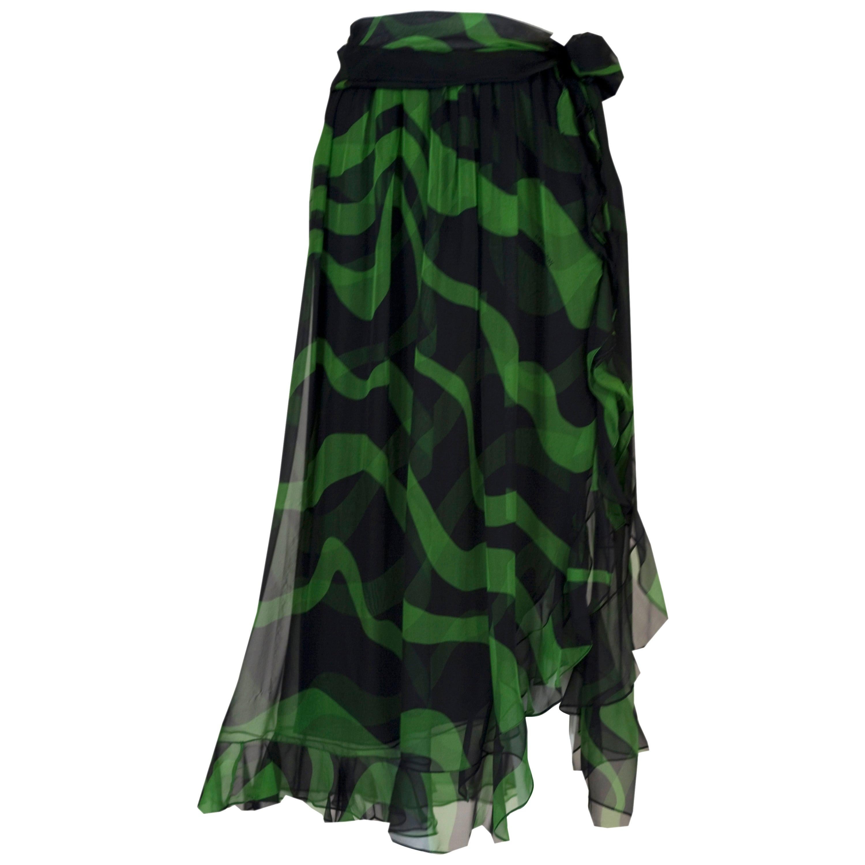 Yves Saint Laurent Black and Green Silk Chiffon Ruffle Trim Sash Skirt, 2004 For Sale