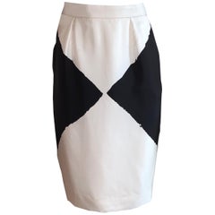 Yves Saint Laurent Black and White Geometric Print Silk Pencil Skirt YSL