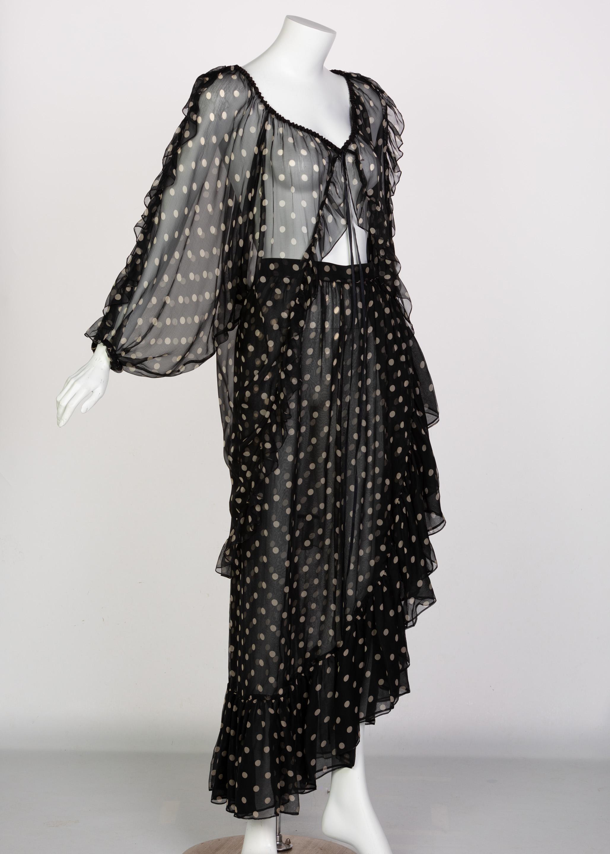 Women's  Yves Saint Laurent Black Beige Polka Dot Ruffle Jacket Top Skirt Set YSL 1980s