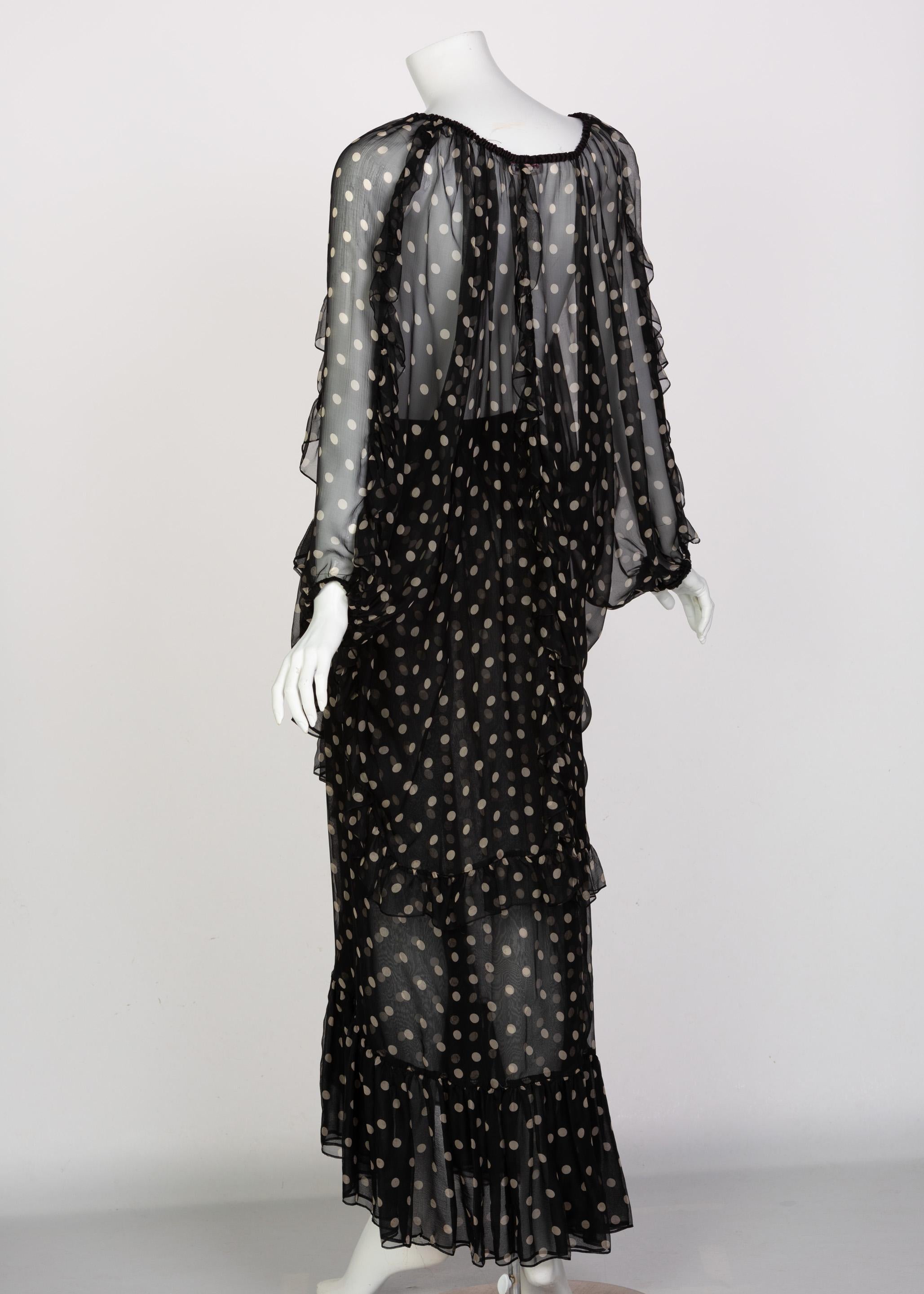 Yves Saint Laurent Black Beige Polka Dot Ruffle Jacket Top Skirt Set YSL 1980s 1