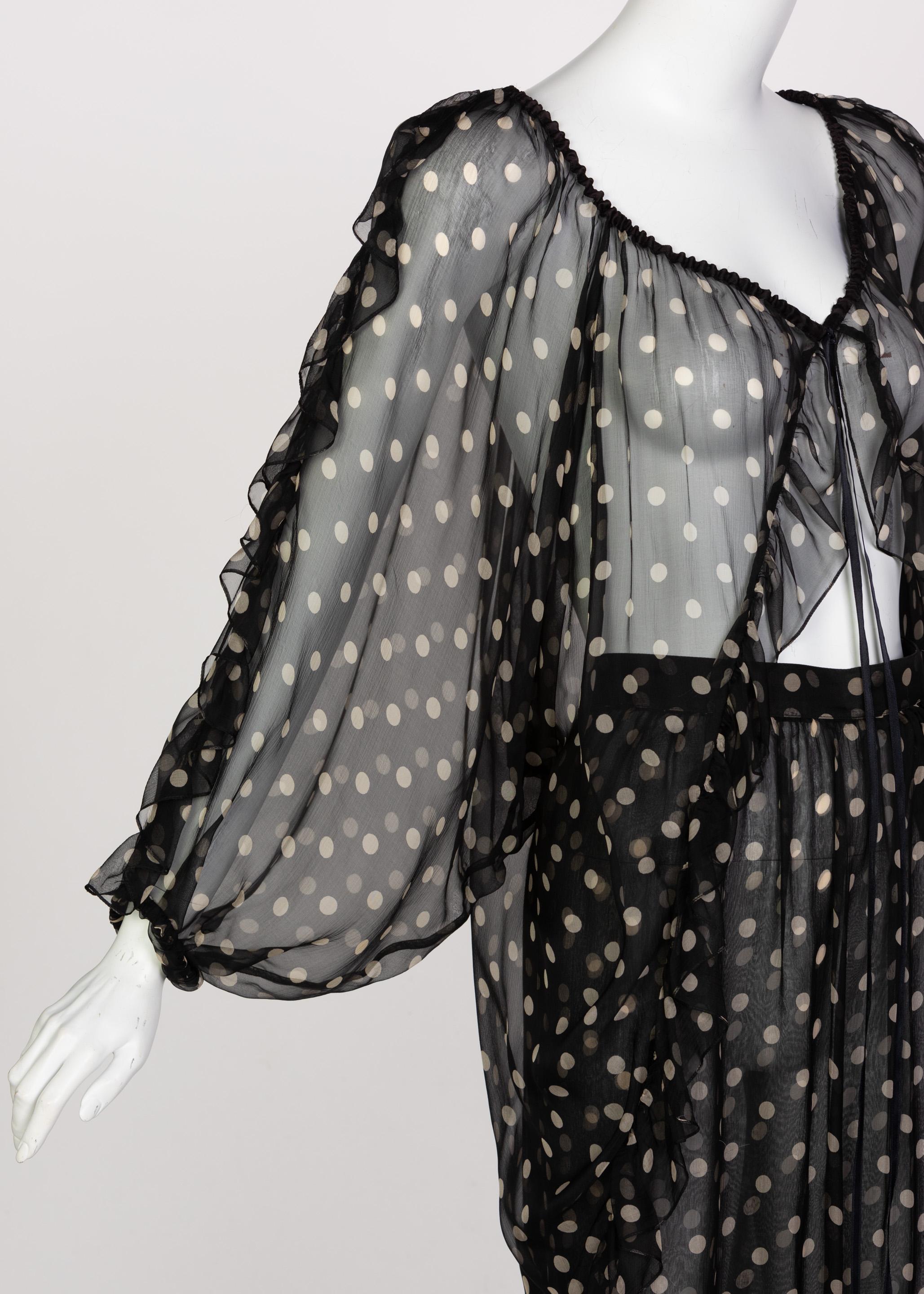  Yves Saint Laurent Black Beige Polka Dot Ruffle Jacket Top Skirt Set YSL 1980s 6