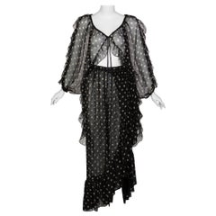  Yves Saint Laurent Black Beige Polka Dot Ruffle Jacket Top Skirt Set YSL 1980s