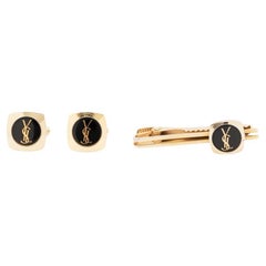 Retro Yves Saint Laurent Black Cassandre-logo Tie Clip And Cufflinks Set