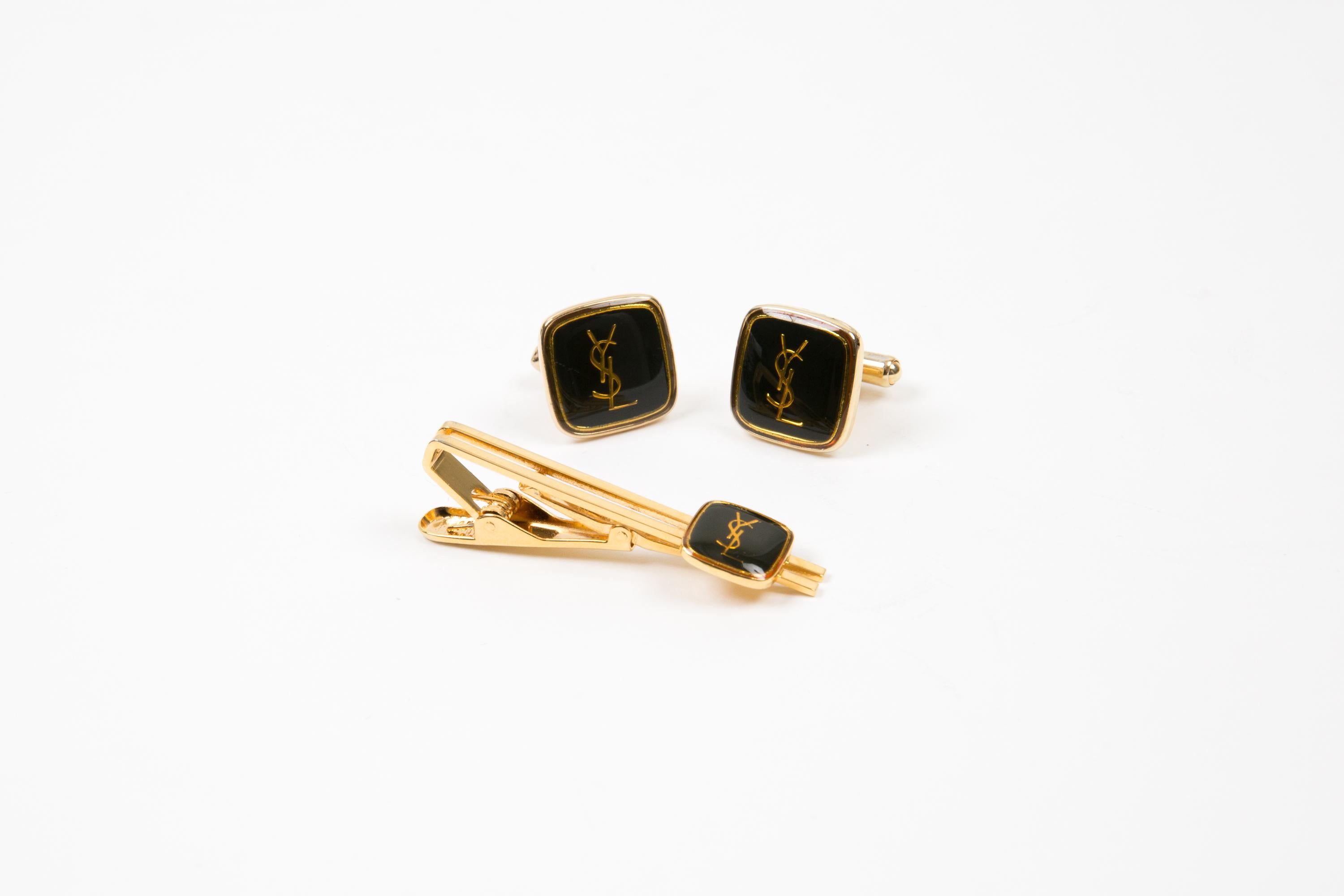 Men's Yves Saint Laurent Black Cassandre YSL logo Tie Clip And Cufflinks Set For Sale
