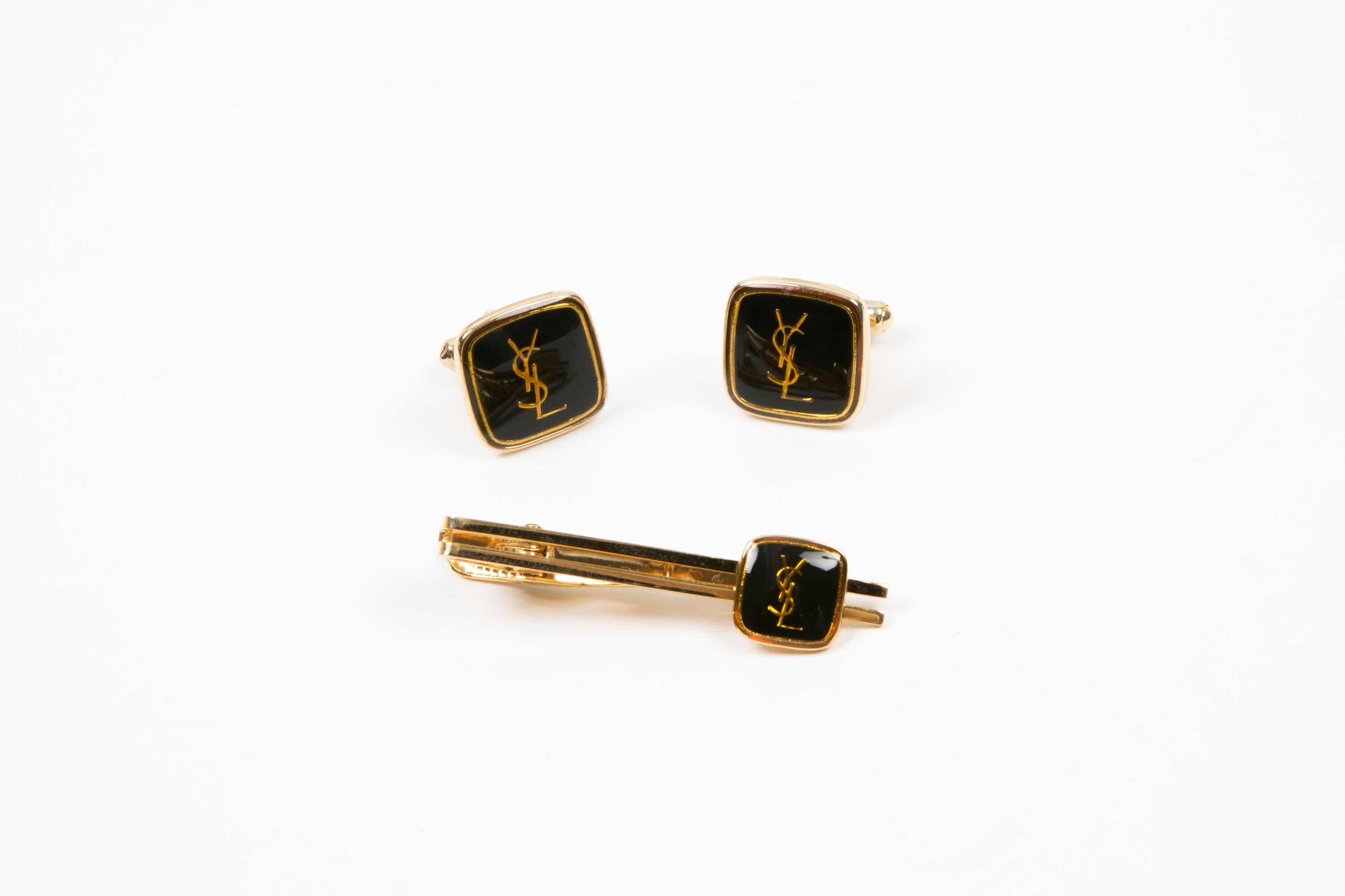 Yves Saint Laurent Black Cassandre YSL logo Tie Clip And Cufflinks Set For Sale 1