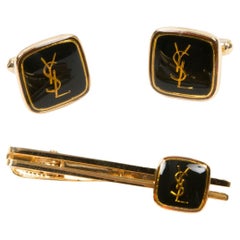 Yves Saint Laurent Schwarz Cassandre YSL Logo Krawattenklammer und Manschettenknöpfe Set