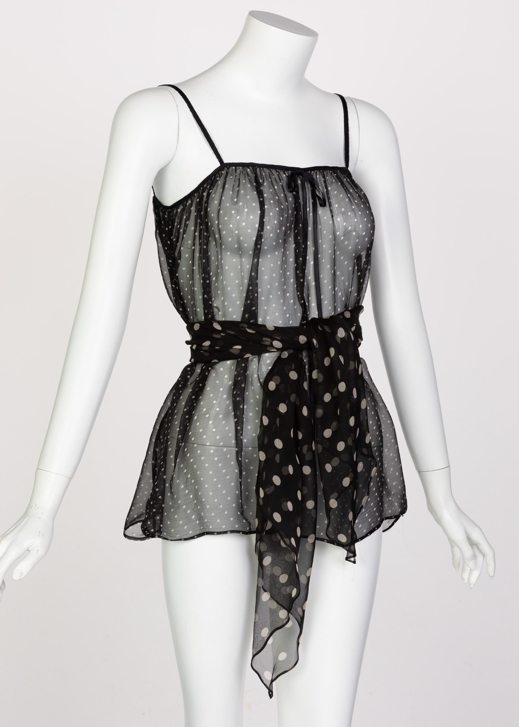 Yves Saint Laurent Black Chiffon Polka Dot Camisole Top YSL Runway , 1980s In Excellent Condition In Boca Raton, FL