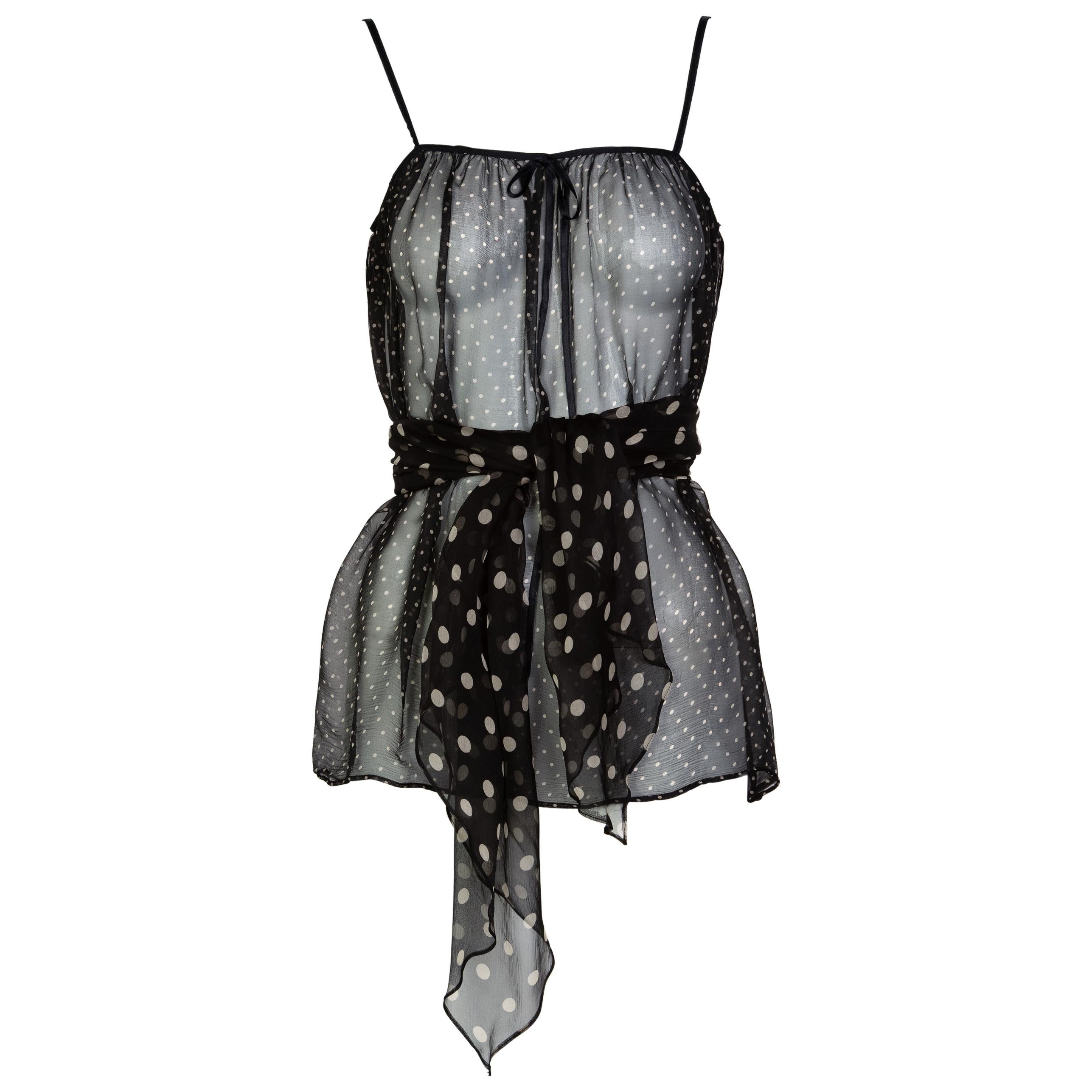 Yves Saint Laurent Black Chiffon Polka Dot Camisole Top YSL Runway , 1980s