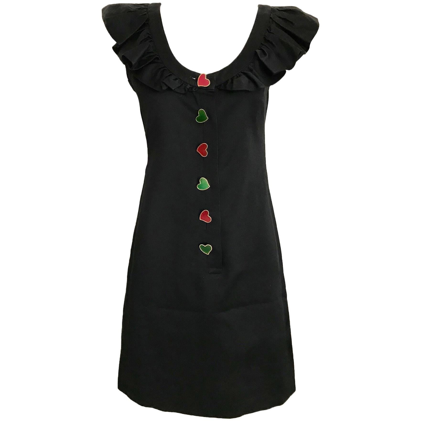 Robe en coton noir avec boutons en forme de cœur colorés, Yves Saint Laurent, années 1980