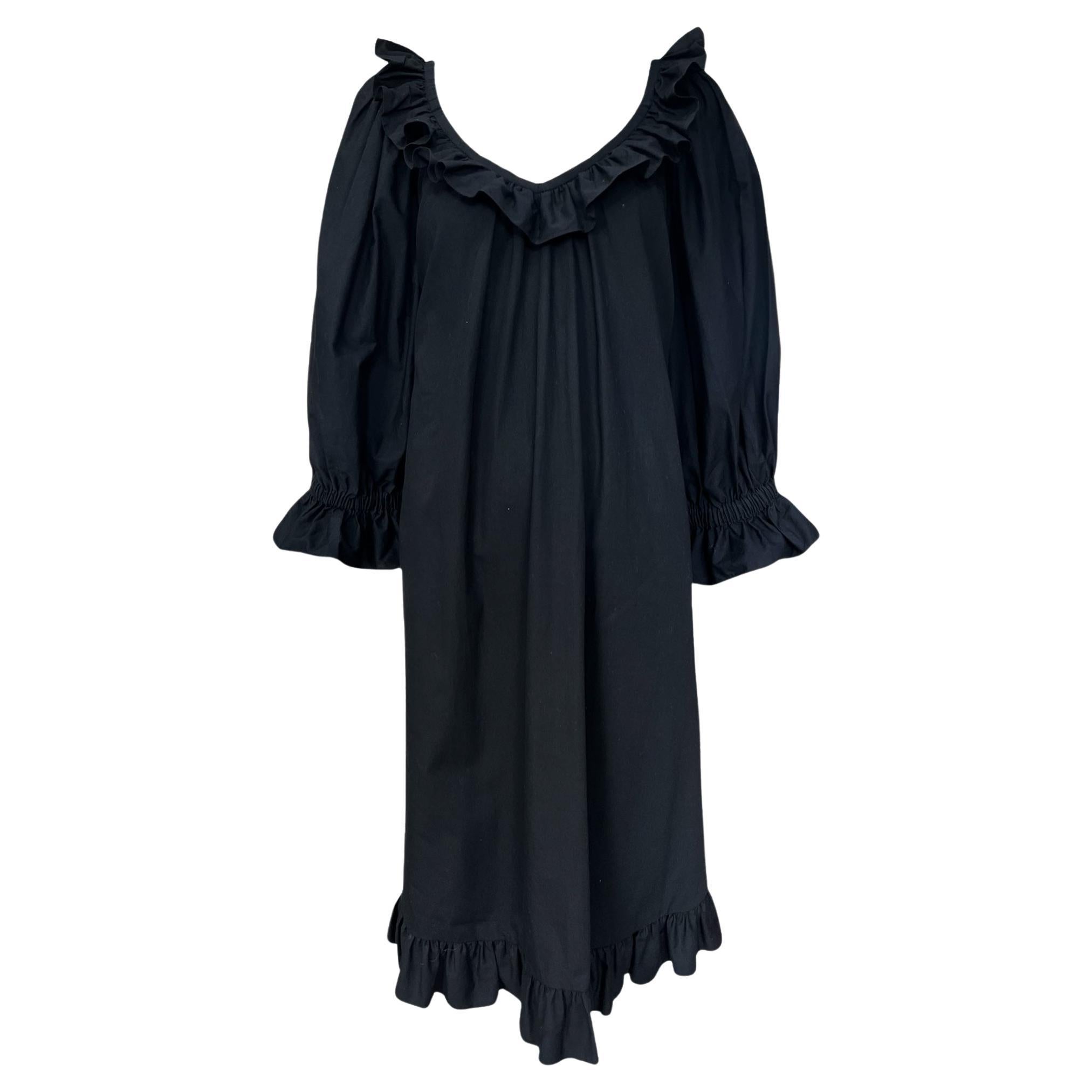 Yves Saint Laurent Schwarzes Trapezkleid aus Baumwolle mit Rüschen, 1980er Jahre im Angebot