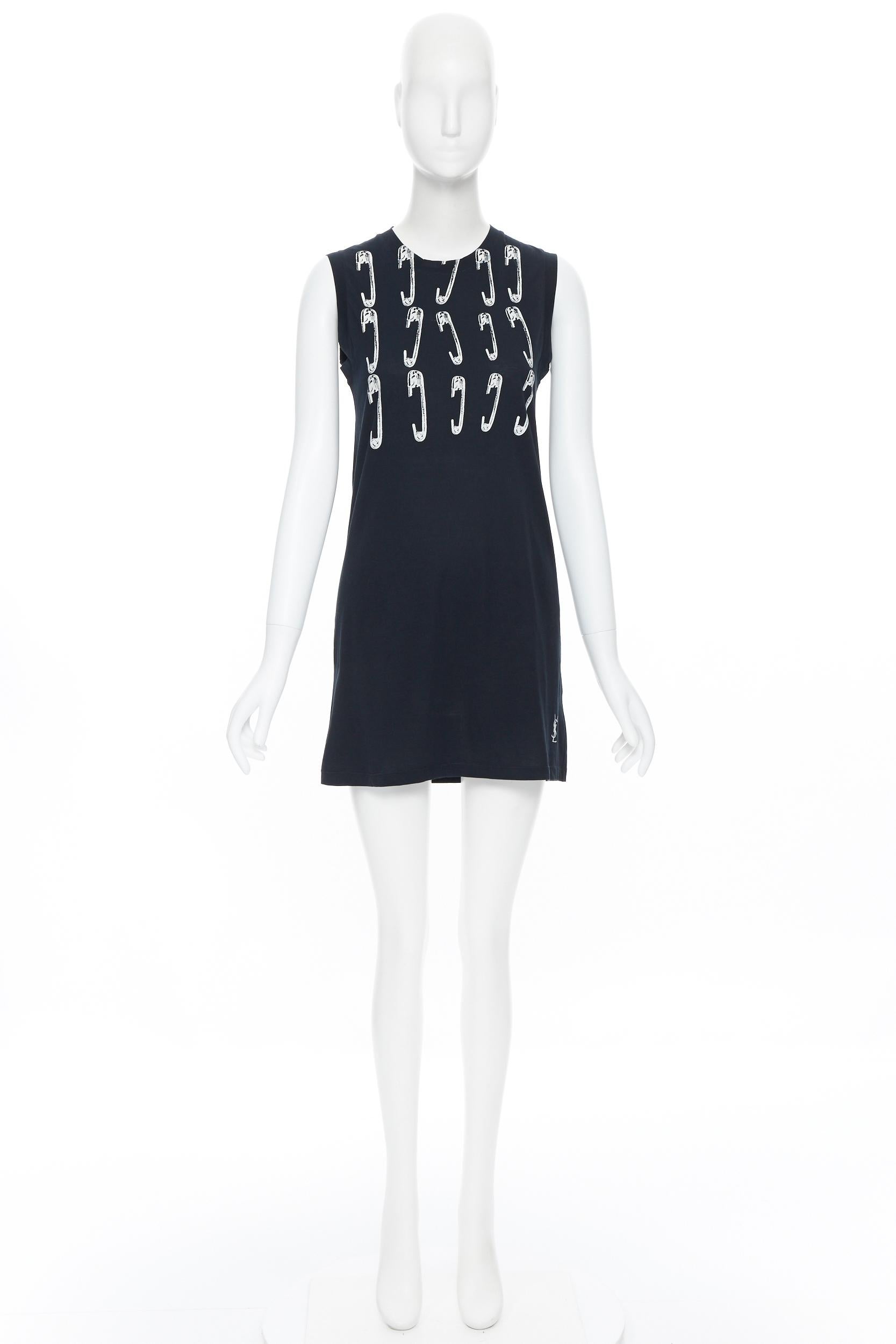 YVES SAINT LAURENT top túnica estampado logotipo imperdible blanco algodón negro FR38 Negro
