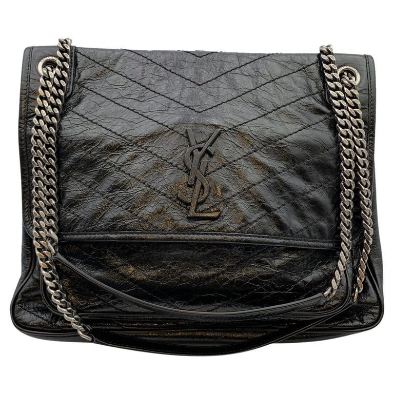 Authentic YSL Yves Saint Laurent Black Crinkled Leather Medium Niki  Shoulder Bag