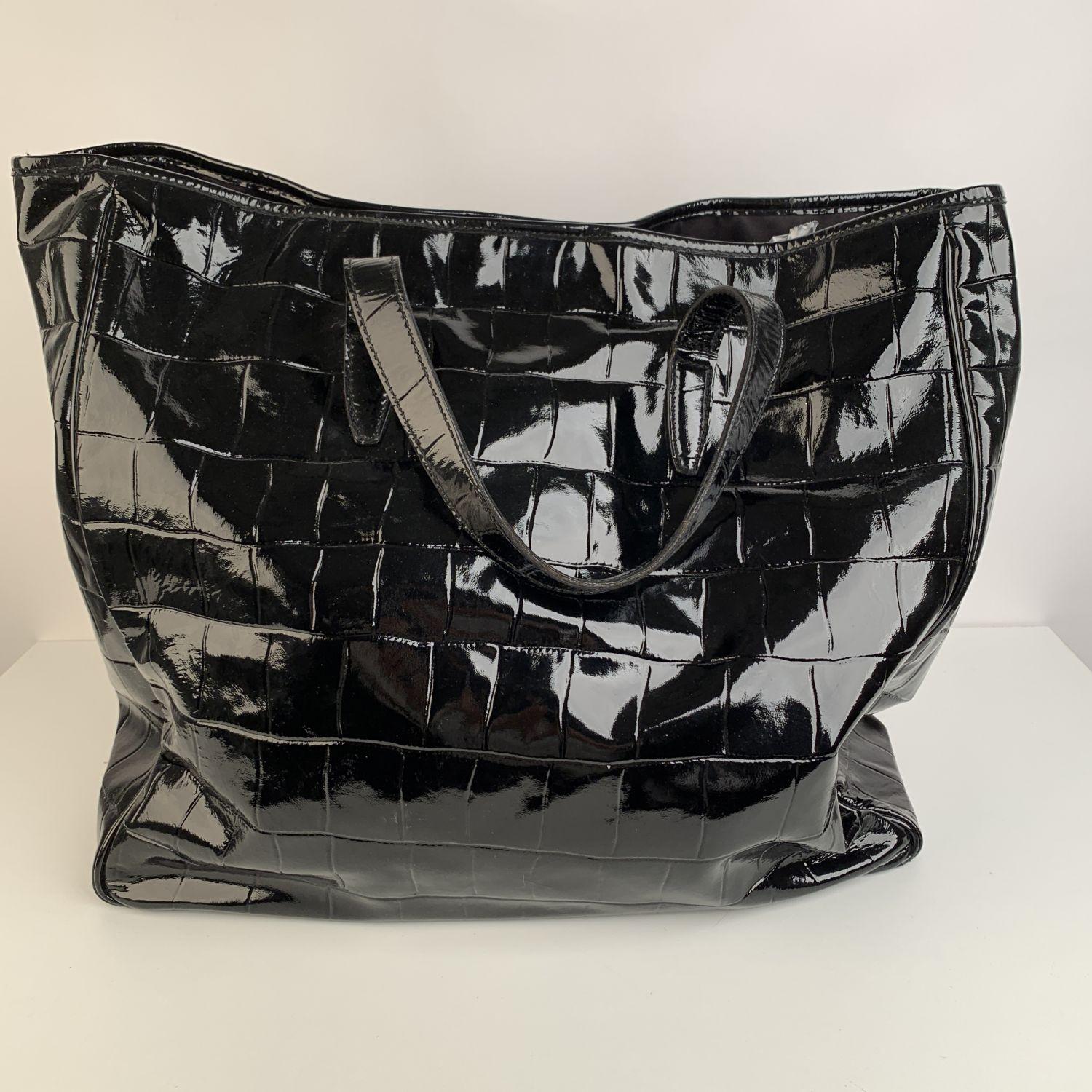 Women's Yves Saint Laurent Black Croc Embossed Patent Leather Raspail Bag