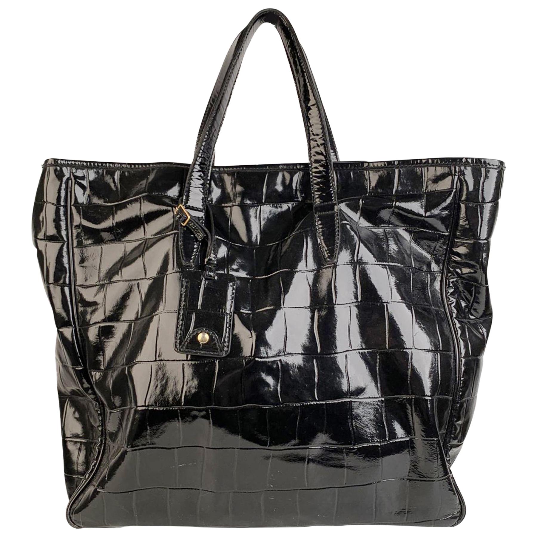 Yves Saint Laurent Black Croc Embossed Patent Leather Raspail Bag