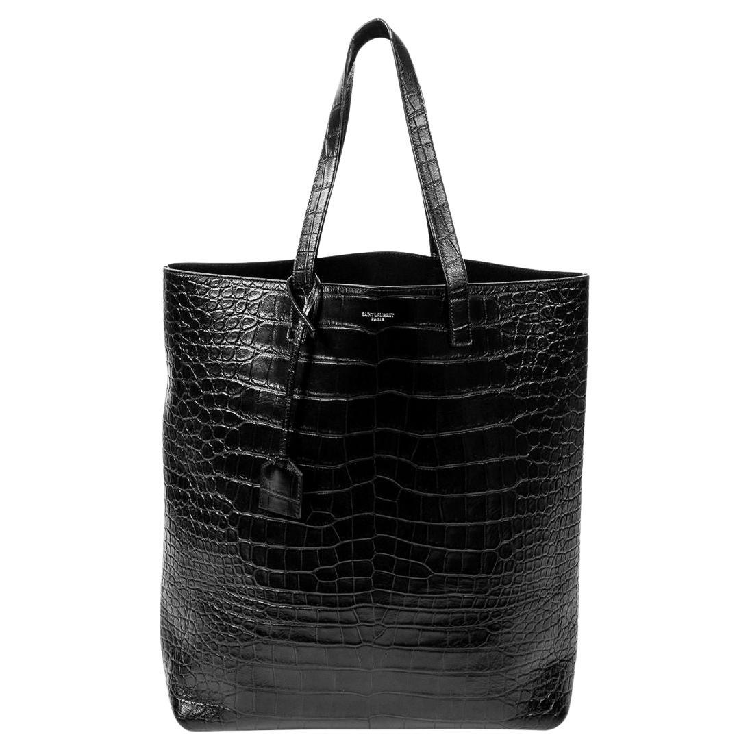 Yves Saint Laurent Black Crocodile Embossed Leather Bold Tote For Sale