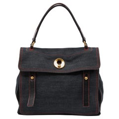 Yves Saint Laurent Schwarze Medium Muse Two Satchel aus Denim, Wildleder und Lackleder Medium Muse