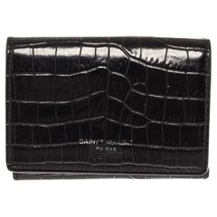 Yves Saint Laurent Black Embossed Leather Tri-fold Wallet