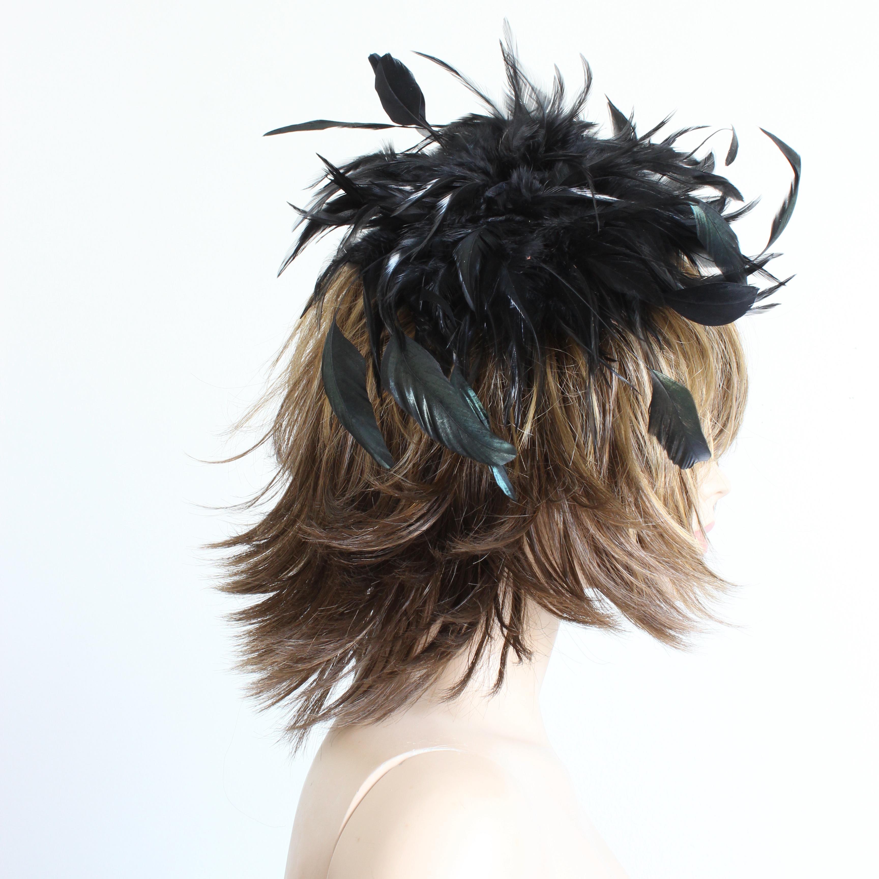 Yves Saint Laurent Black Feather Hat Cap Head Piece Vintage Ostrich Plume Rare For Sale 3
