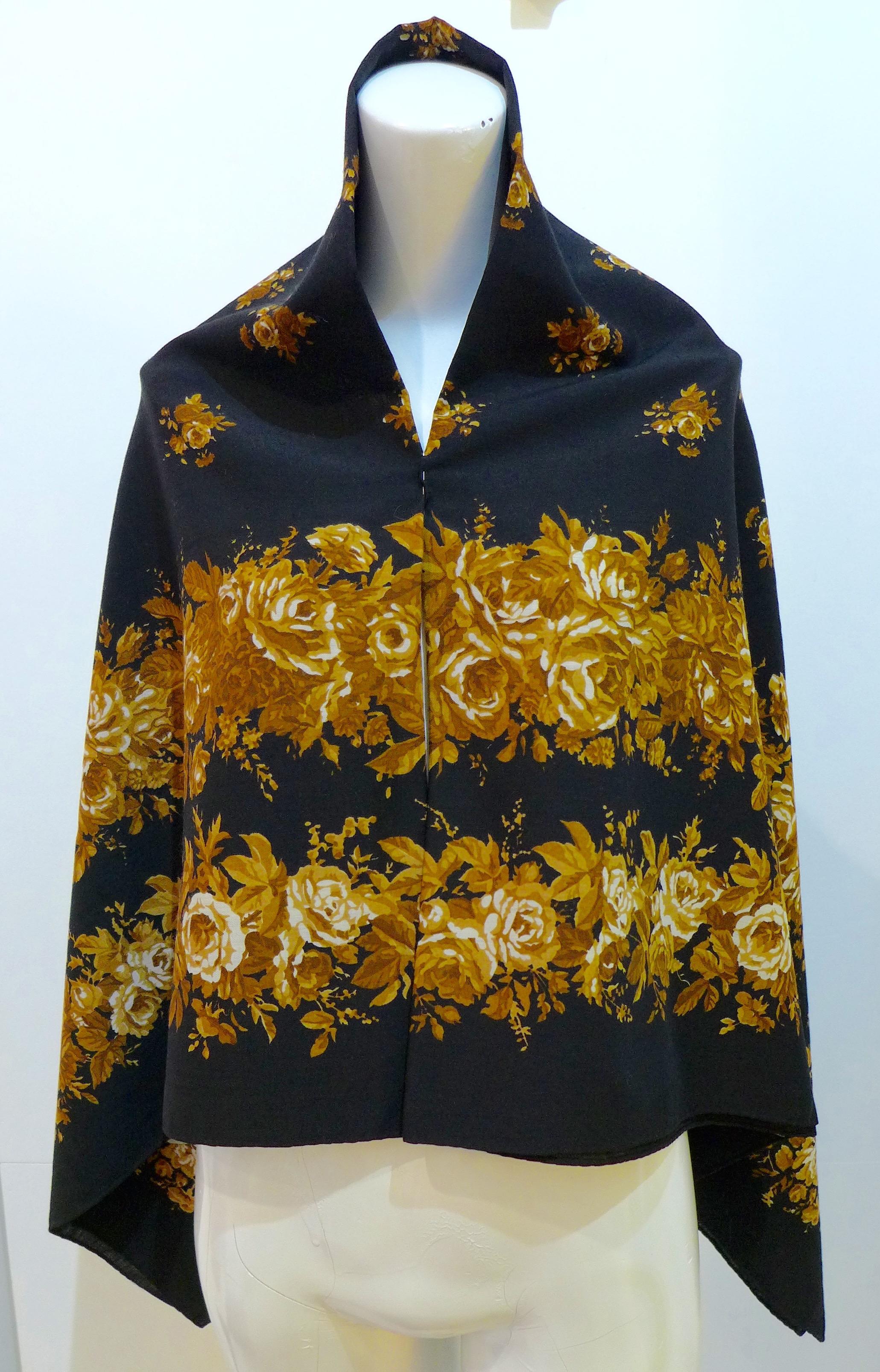 GF Ferre Black Yellow Floral Wrap Shawl Foulard Scarf