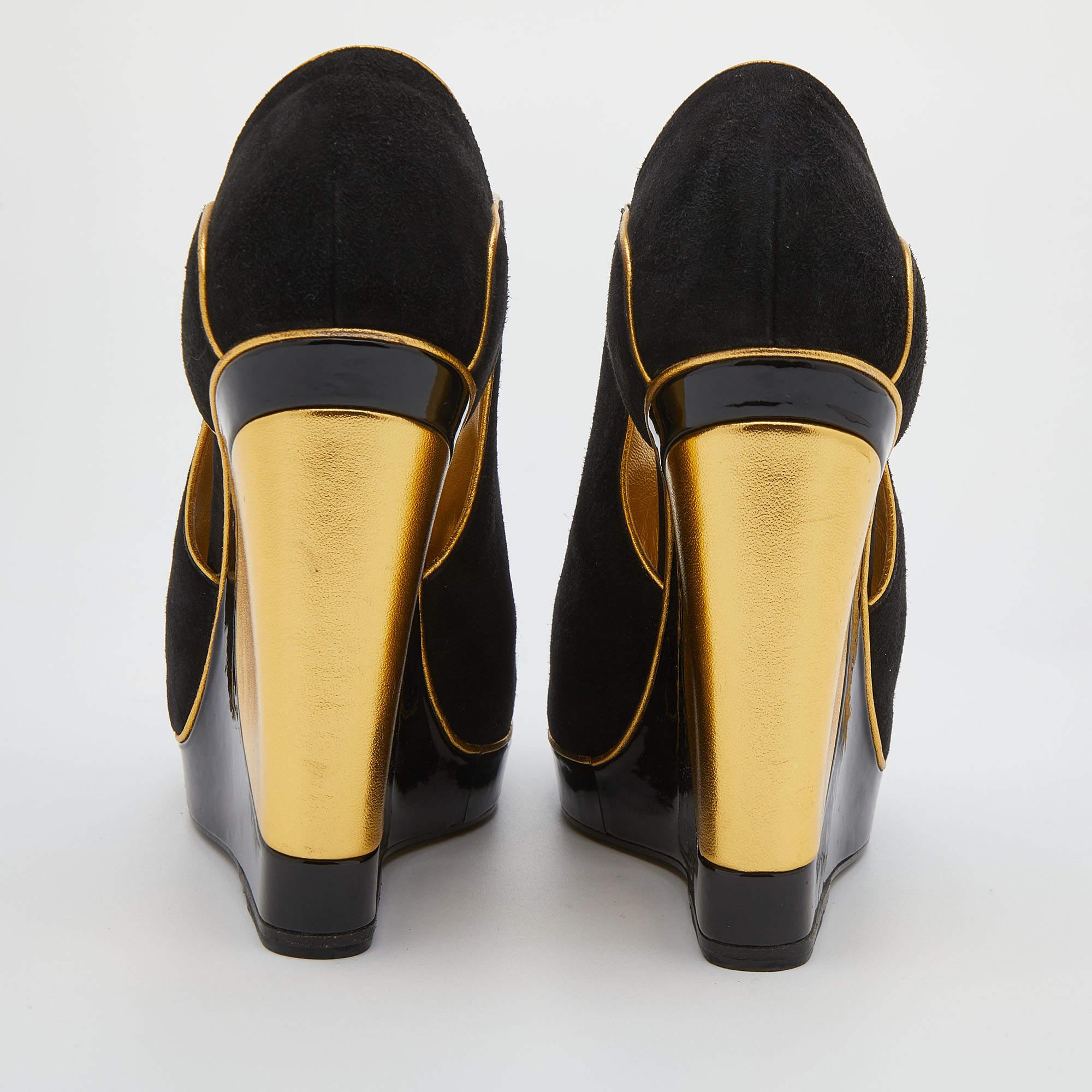 Yves Saint Laurent Black/Gold Cut-Out Suede Peep Toe Platform Wedge Size 36 1