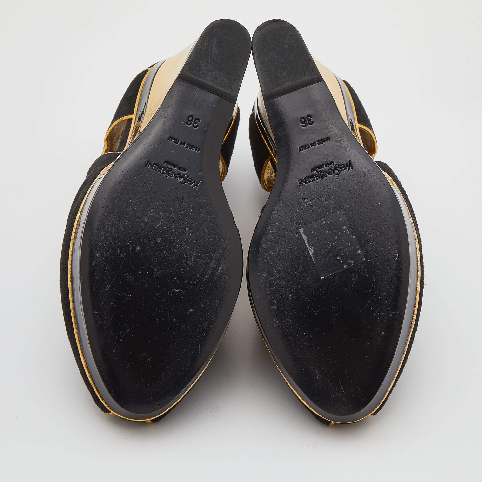 Yves Saint Laurent Black/Gold Cut-Out Suede Peep Toe Platform Wedge Size 36 2