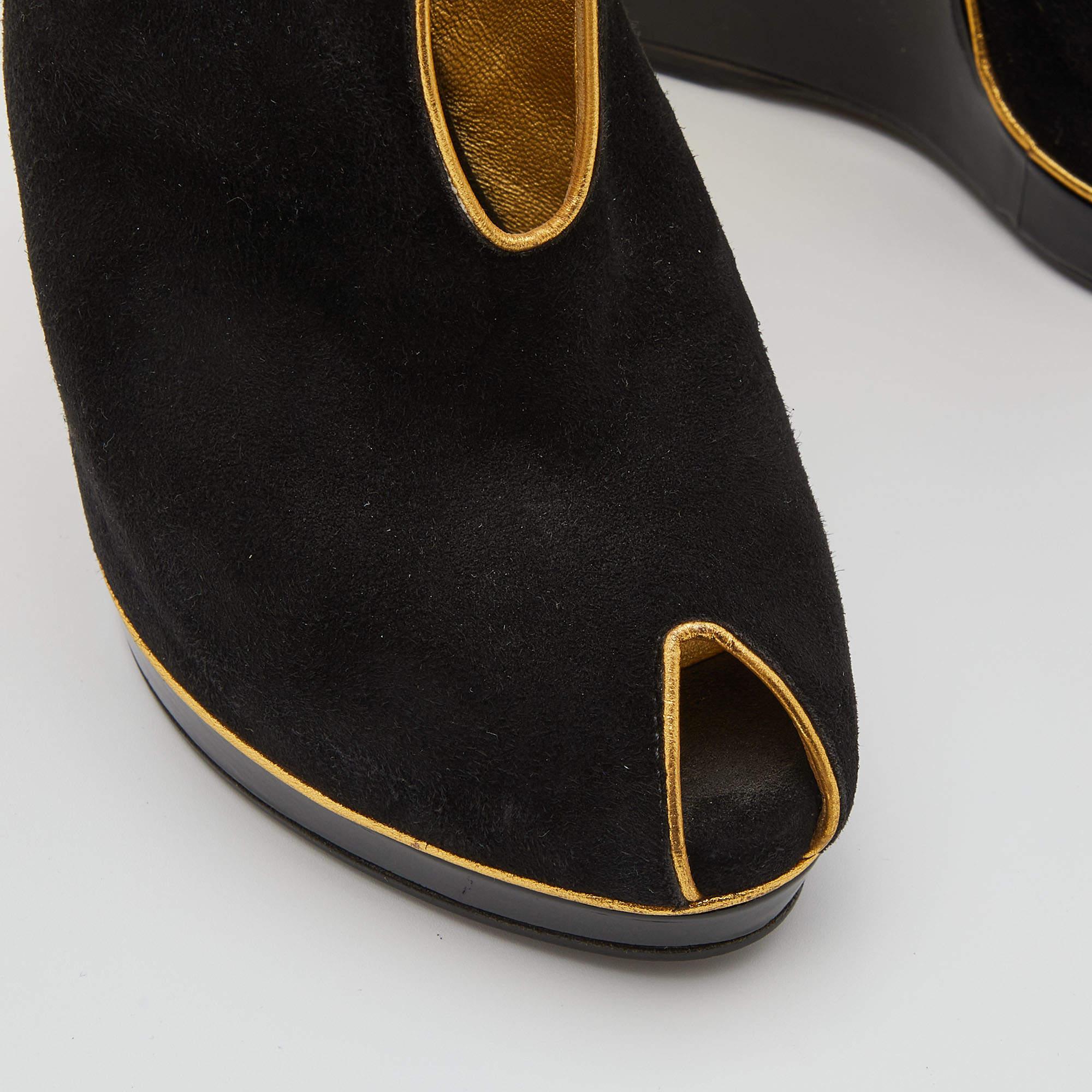 Yves Saint Laurent Black/Gold Cut-Out Suede Peep Toe Platform Wedge Size 36 3