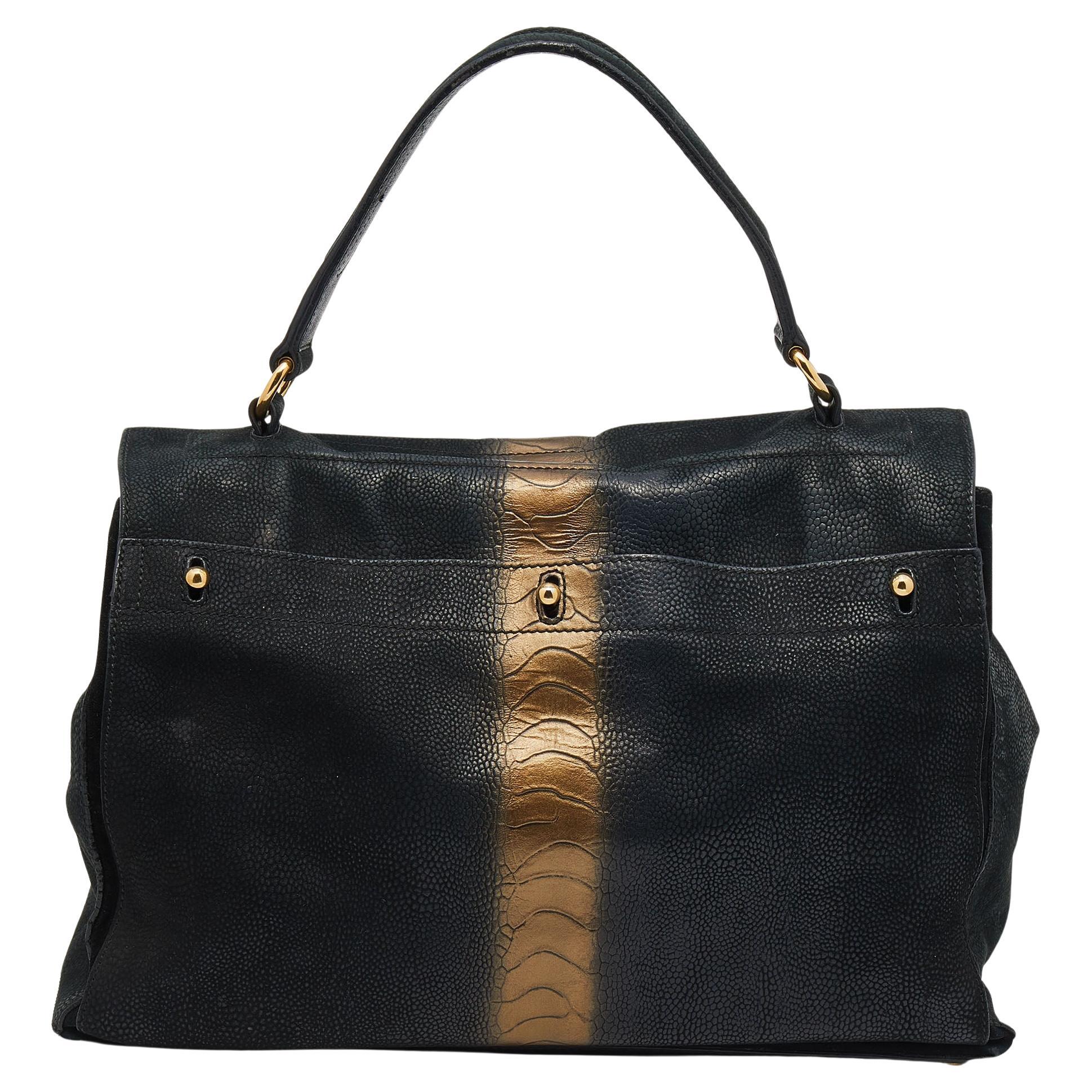 Yves Saint Laurent Schwarz/Gold Leder und Wildleder Große Muse Two Top Handle Tasche