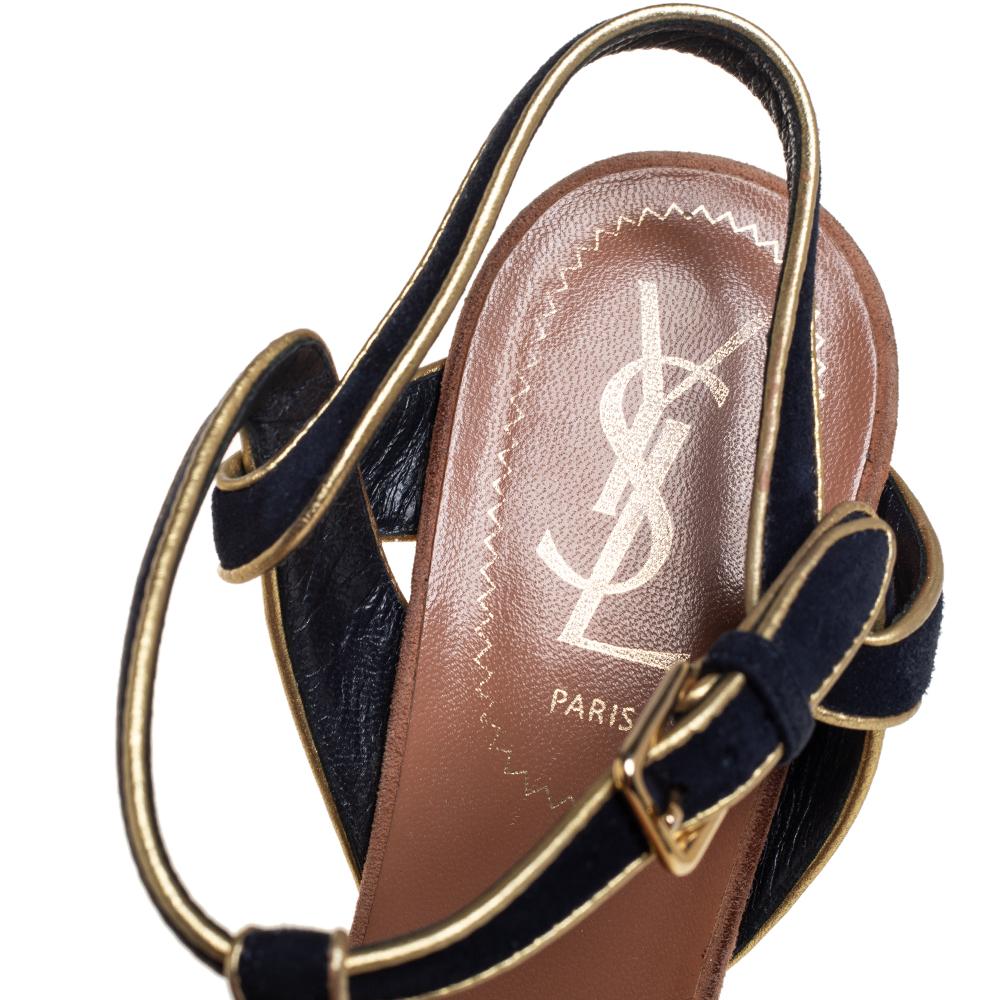 Yves Saint Laurent Black/Gold Suede Leather Platform Ankle Strap Sandals 37.5 In Good Condition In Dubai, Al Qouz 2