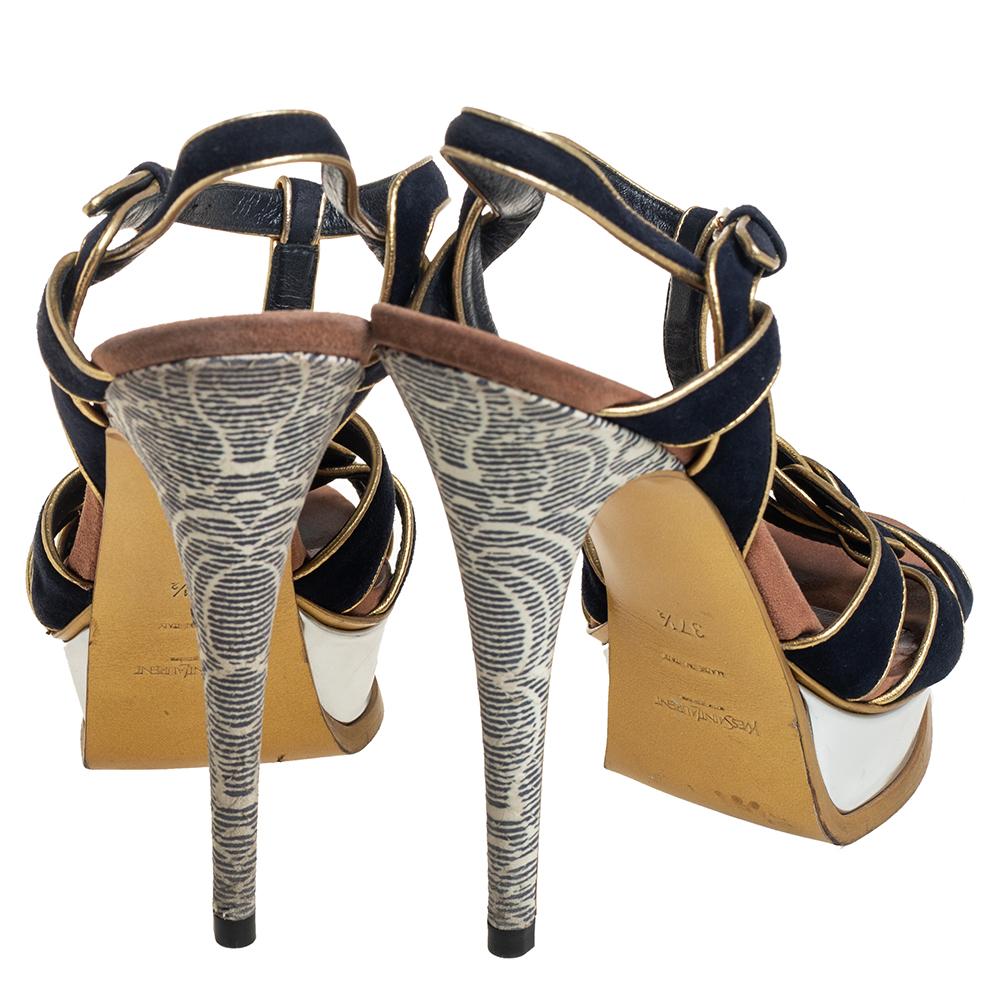 Women's Yves Saint Laurent Black/Gold Suede Leather Platform Ankle Strap Sandals 37.5