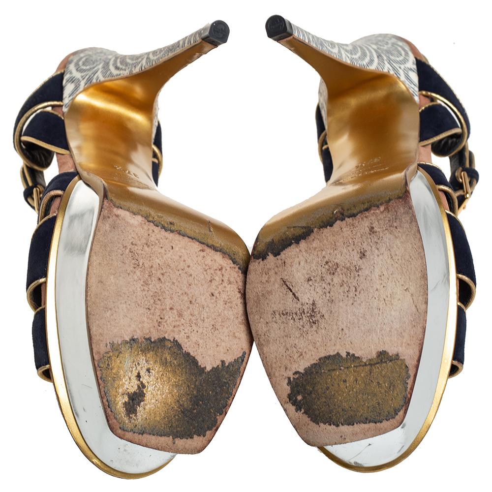 Yves Saint Laurent Black/Gold Suede Leather Platform Ankle Strap Sandals 37.5 1
