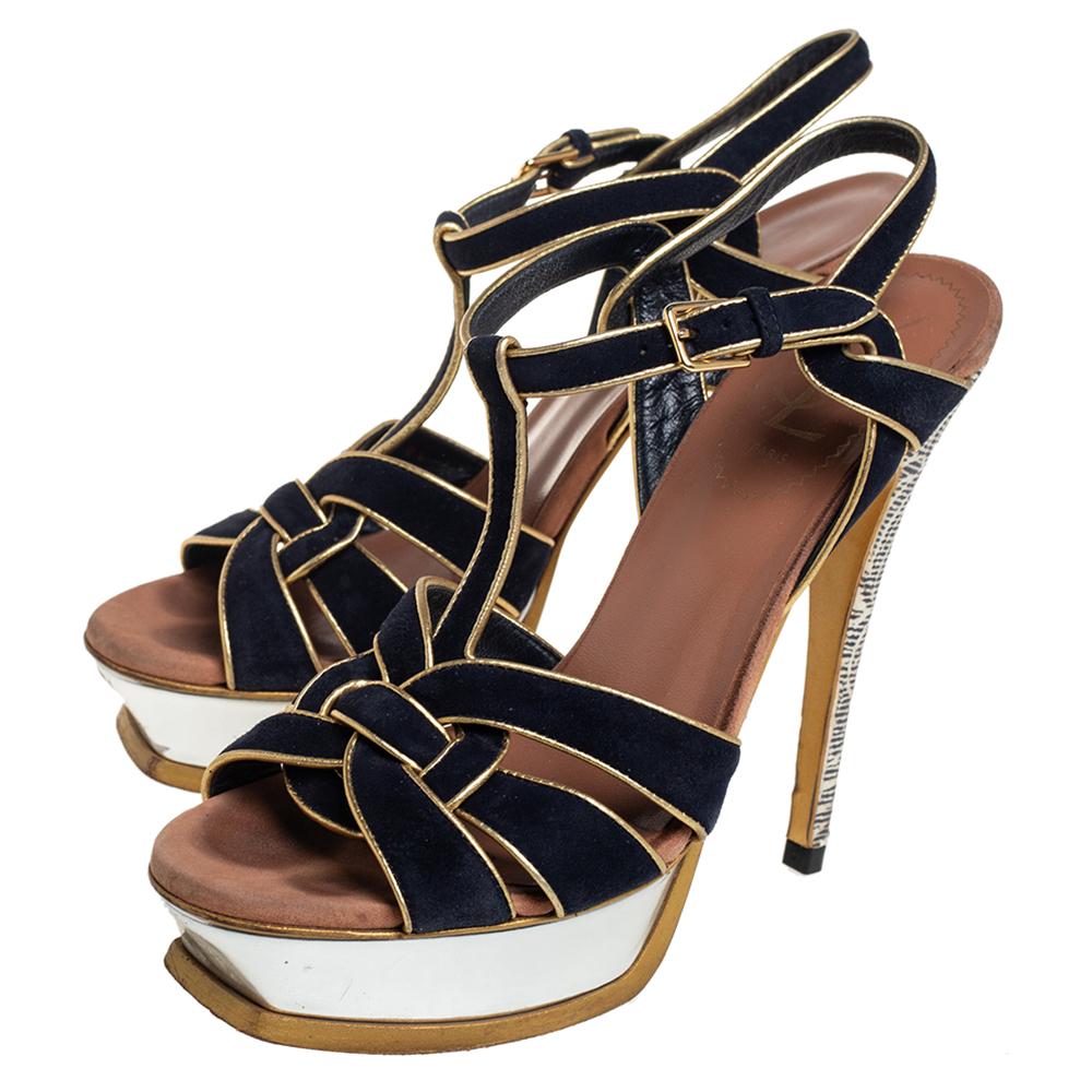 Yves Saint Laurent Black/Gold Suede Leather Platform Ankle Strap Sandals 37.5 2
