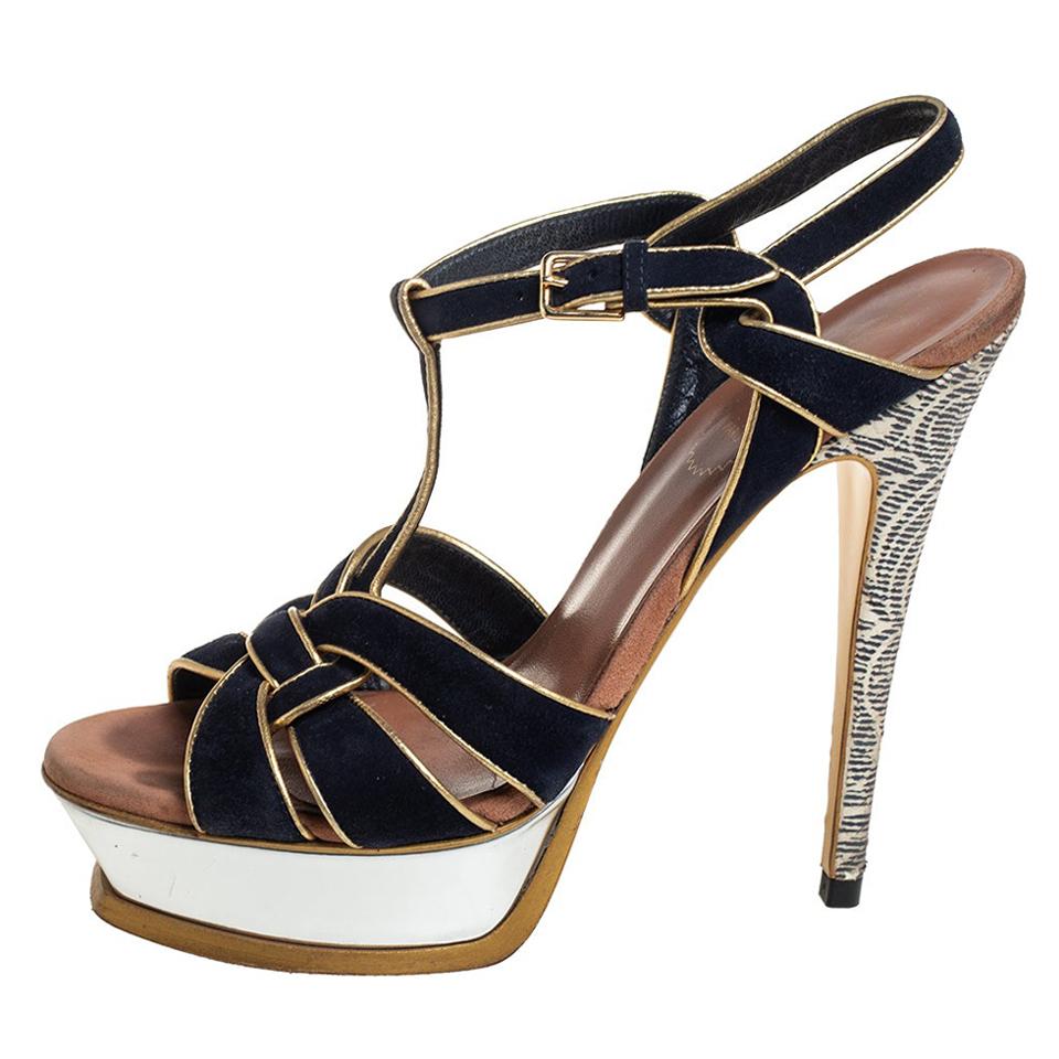 Yves Saint Laurent Black/Gold Suede Leather Platform Ankle Strap Sandals 37.5