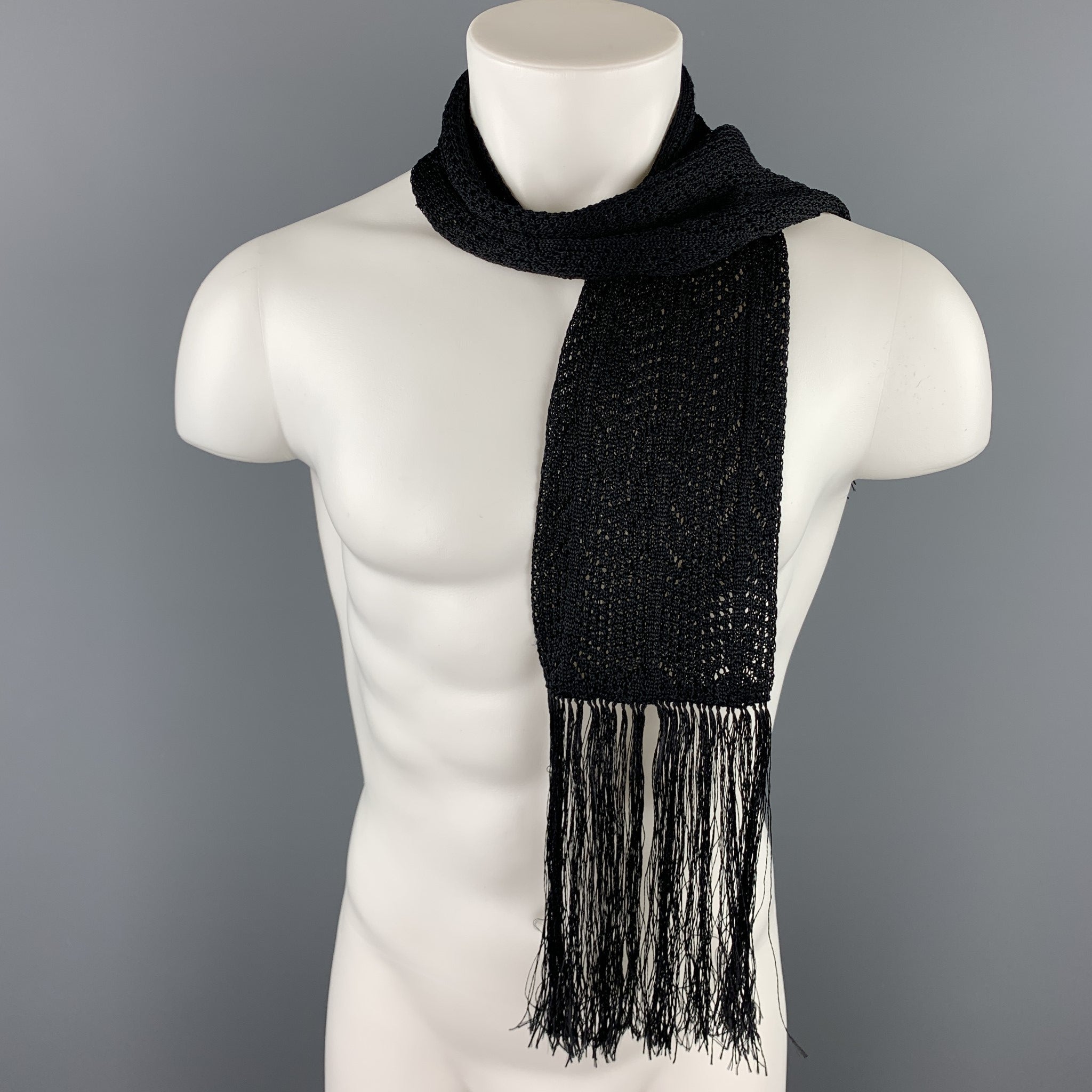 YVES SAINT LAURENT Black Knitted Silk Fringe Scarf