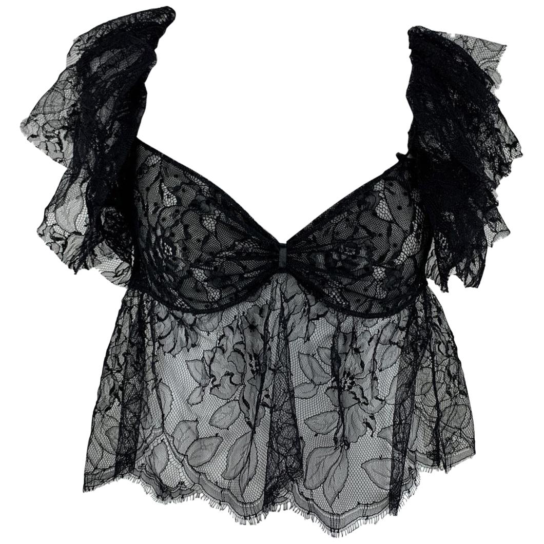 Yves Saint Laurent Black Lace Sheer Top with Frills Size M