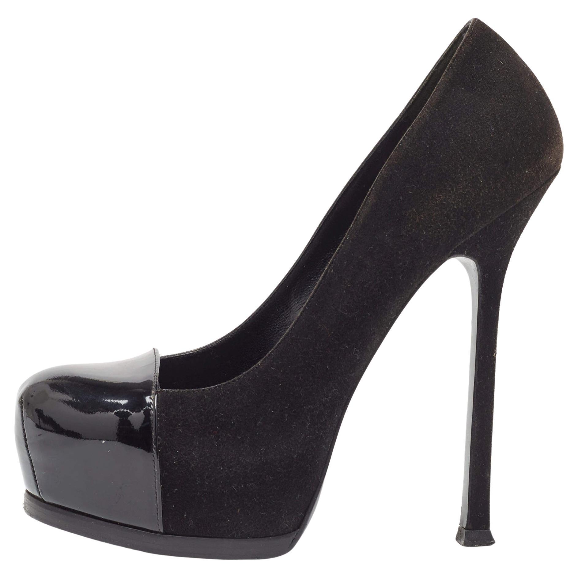 Yves Saint Laurent Black Leather and Patent Tribtoo Pumps Size 36 For Sale
