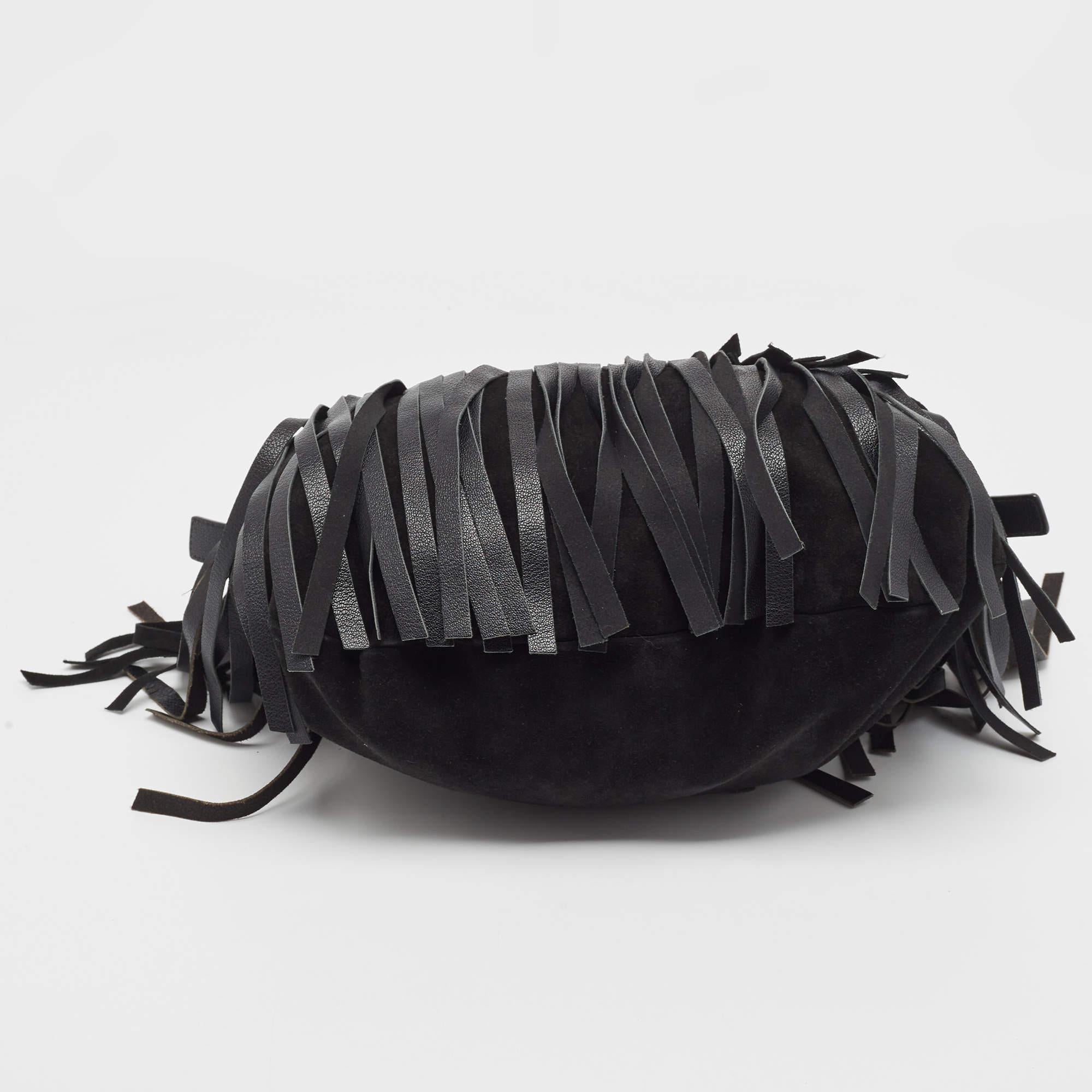 Women's Yves Saint Laurent Black Leather and Suede Mombasa Fringe Hobo
