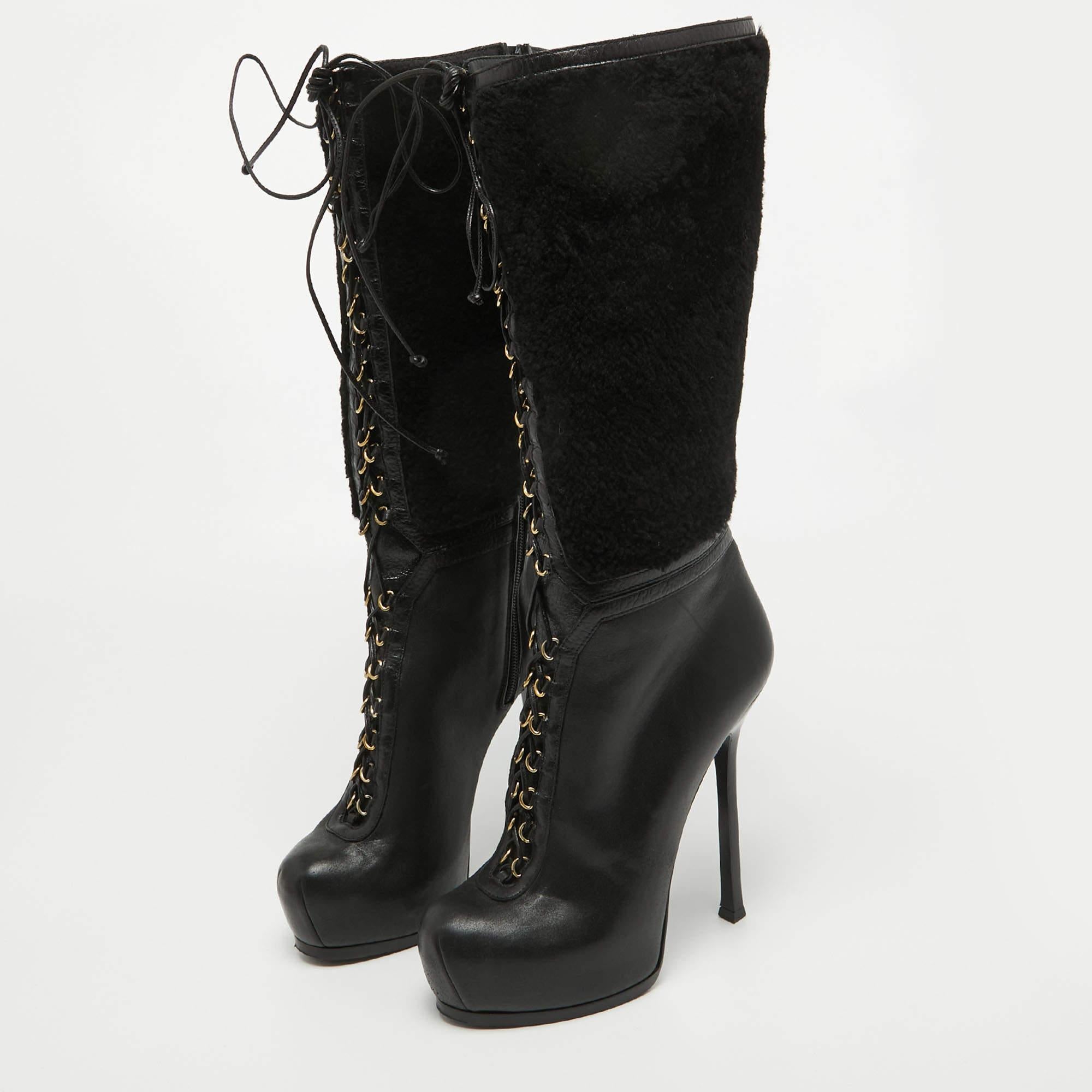 Yves Saint Laurent Black Leather and Wool Platform Mid Calf Boots Size 39.5 In Good Condition In Dubai, Al Qouz 2