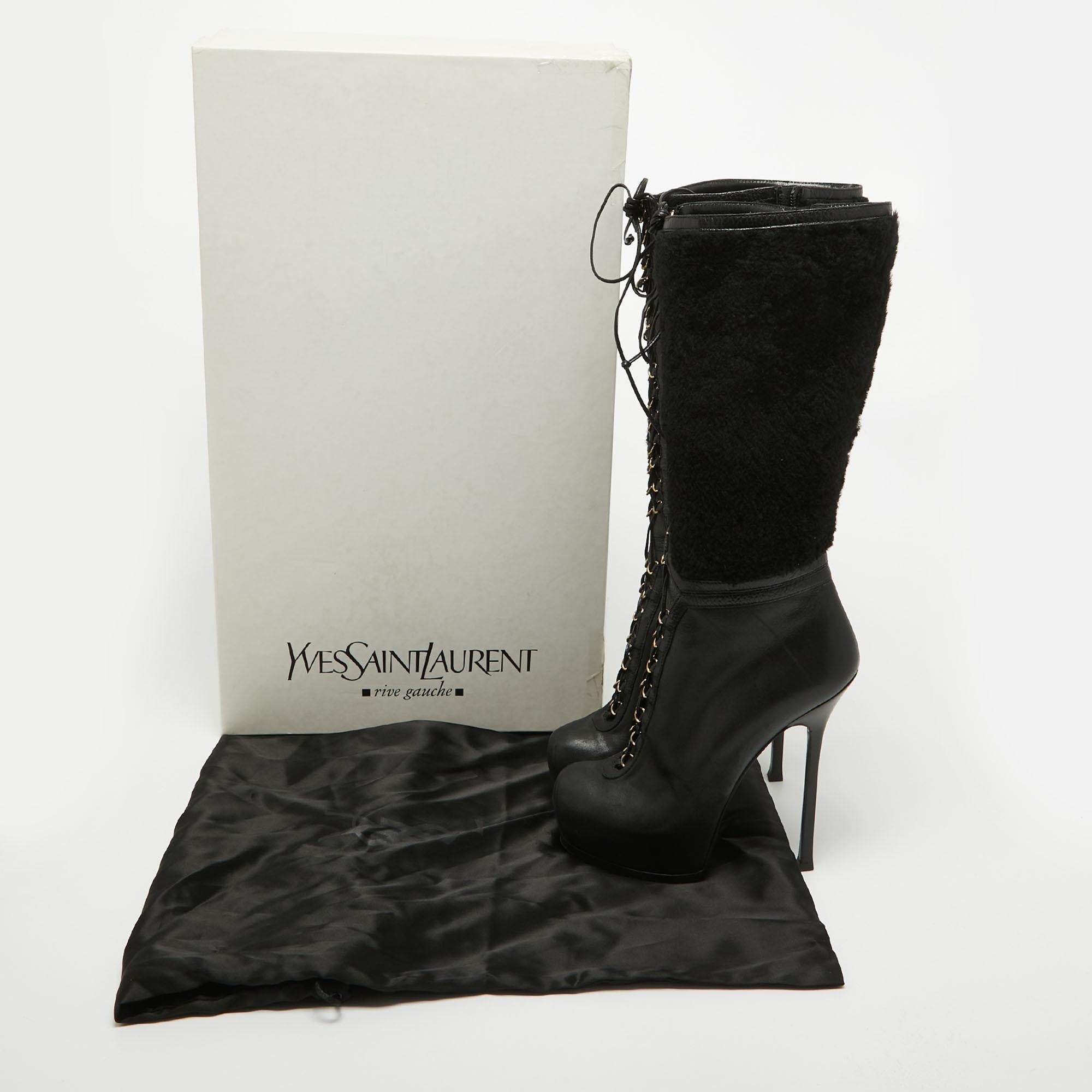 Women's Yves Saint Laurent Black Leather and Wool Platform Mid Calf Boots Size 39.5 For Sale